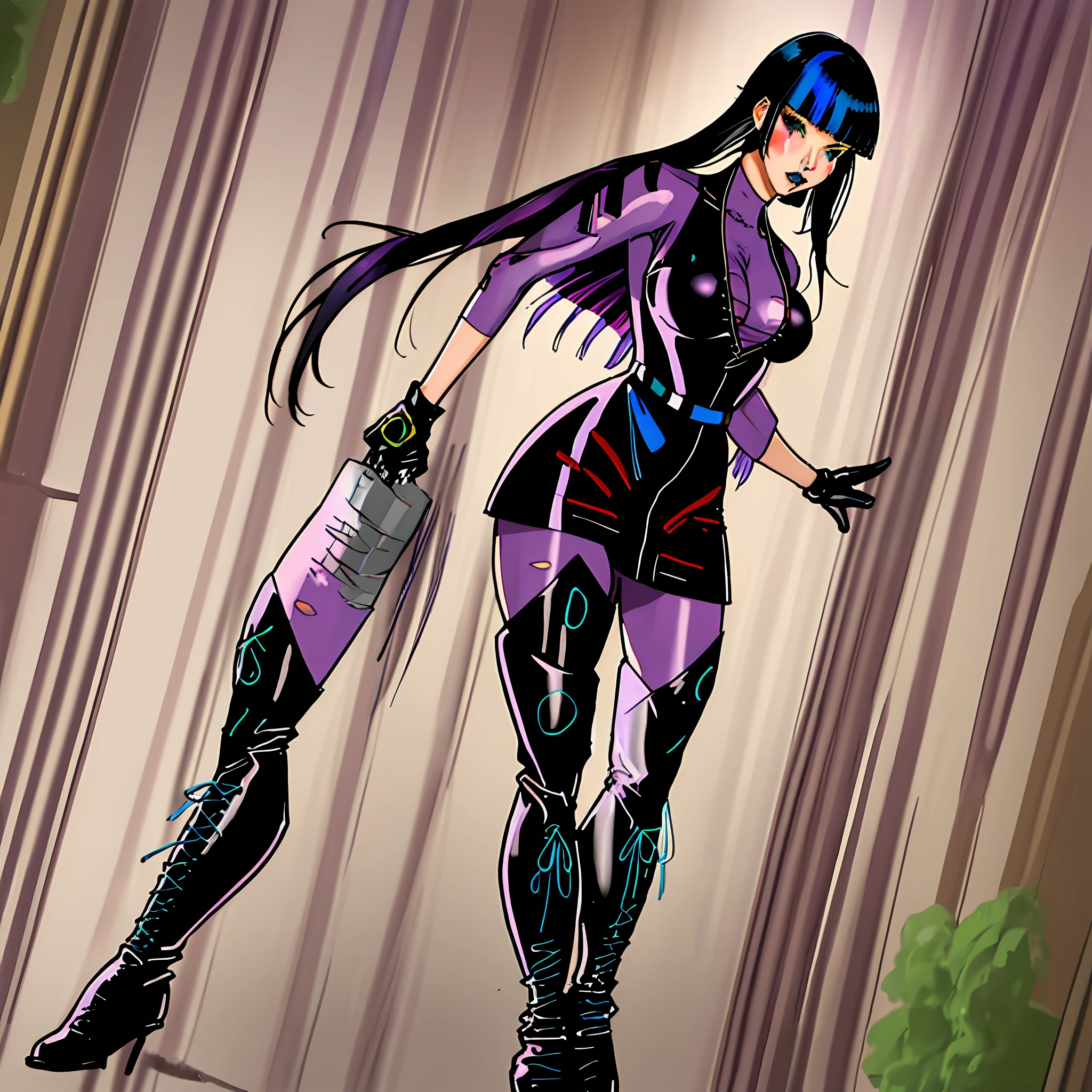PunchlineDC blunt bangs black hair streaked hair multicolored hair black dress purple bodysuit thigh boots makeup holding knife big breast high resolution sexy top view
