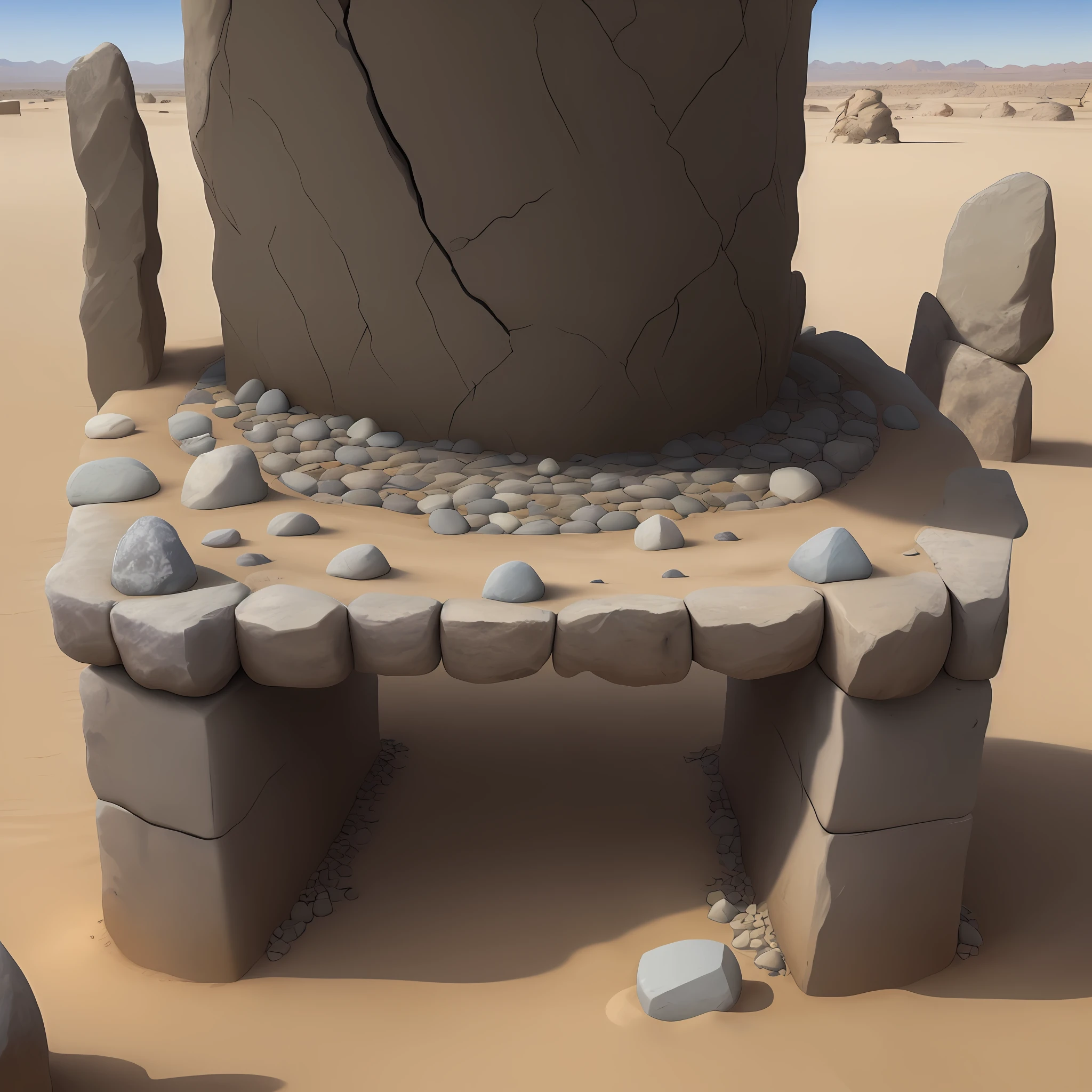 a rustic altar made of stones stacked on top of each other, erected in a desert and barren place. The altar occupies the center of the scene, representing the sacred place where the sacrifice is about to take place. The altar stones are irregular and weathered, evoking a sense of antiquity and sacredness. The act of sacrifice. .(cinematic) (super realistic) (in 4k )