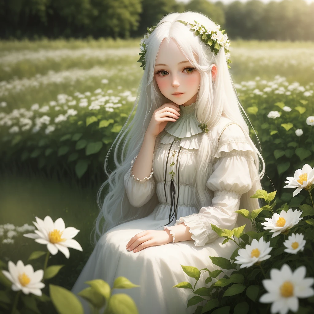 (masterpiece, best quality),1girl with long white hair sitting in a field of green plants and flowers, her hand under her chin, warm lighting, blurry foreground