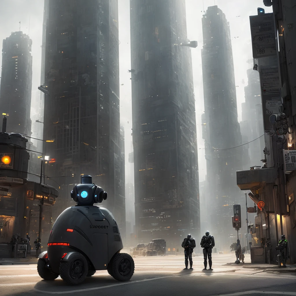 security robots patrol a a dystopian sci-fi city street