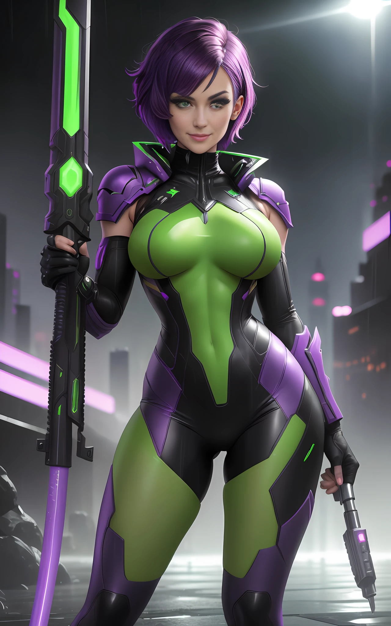 Image 16k,FHD, style [Mortal Kombat| Super Metroid], [Woman|black clothing with white parts|maid| Samus Aran| Batman| Man], short purple hair, (((green eyes)))), looking at the viewer, smile, holding futuristic weapons, futuristic city, heavy rain, wet body.