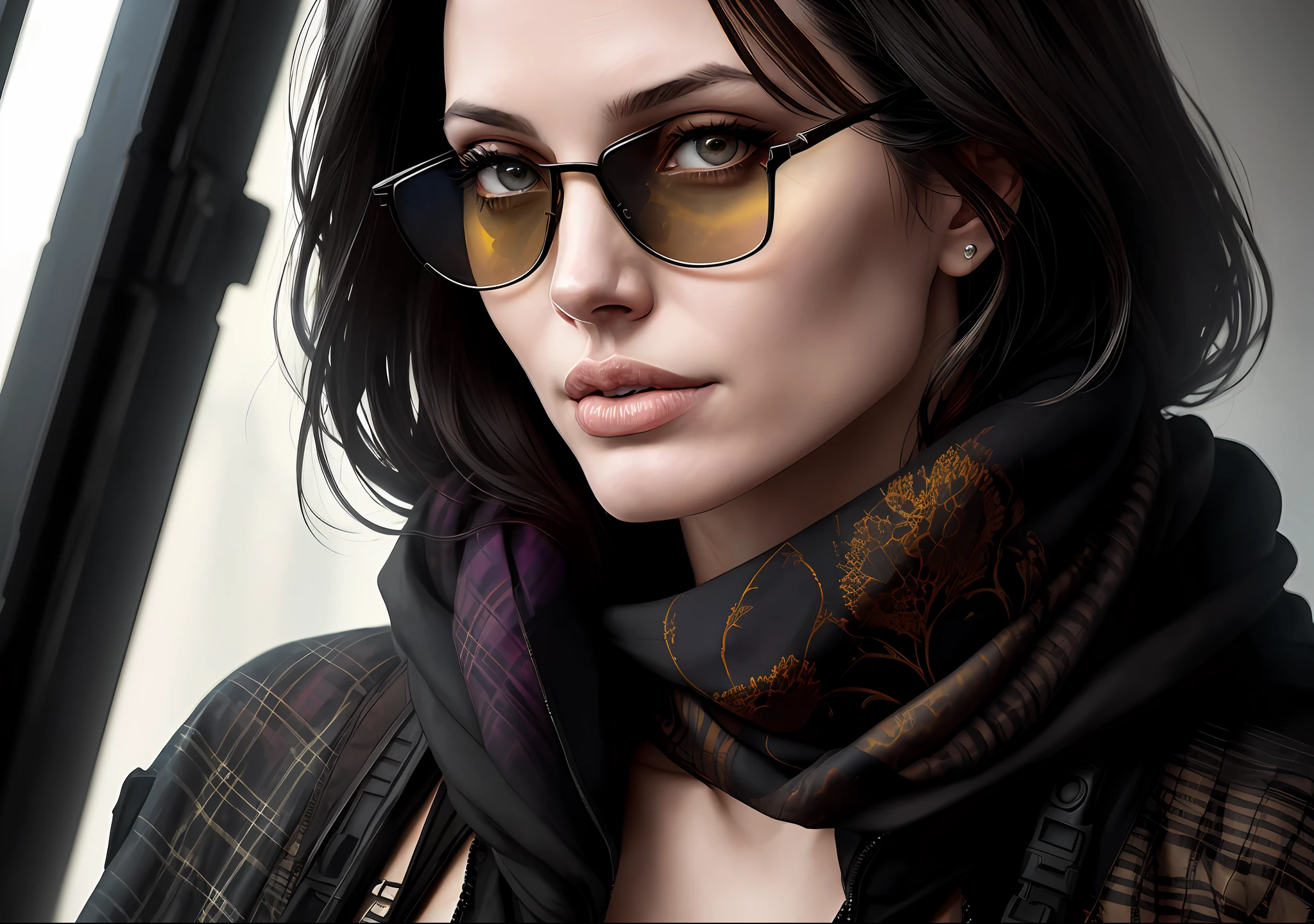 Angelina Jolie Photo with dark covered body: 1.1), realistic epic, halo portrait, sunglasses, blue eyes, plaid scarf, white hair by Atey Ghailan, by Greg Rutkowski, by Greg Tocchini, by James Gilleard, by Joe Fenton, by Kaethe Butcher, yellow gradient, black, brown and magenta color scheme, grunge aesthetic!!! Graffiti brand wall background, art by Greg Rutkowski and Artgerm, soft cinematic light, Adobe Lightroom, Photo Lab, HDR, intricate, highly detailed, (depth of field: 1.4), faded, (neutral colors: 1.2), (HDR: 1.4), (soft colors:1.2), hyperdetailed, (Artstation:1.4), cinematic, warm lights, dramatic light, (intricate details:1.1), complex background, (Rutkowski:0.66), (blue and orange:0.4)