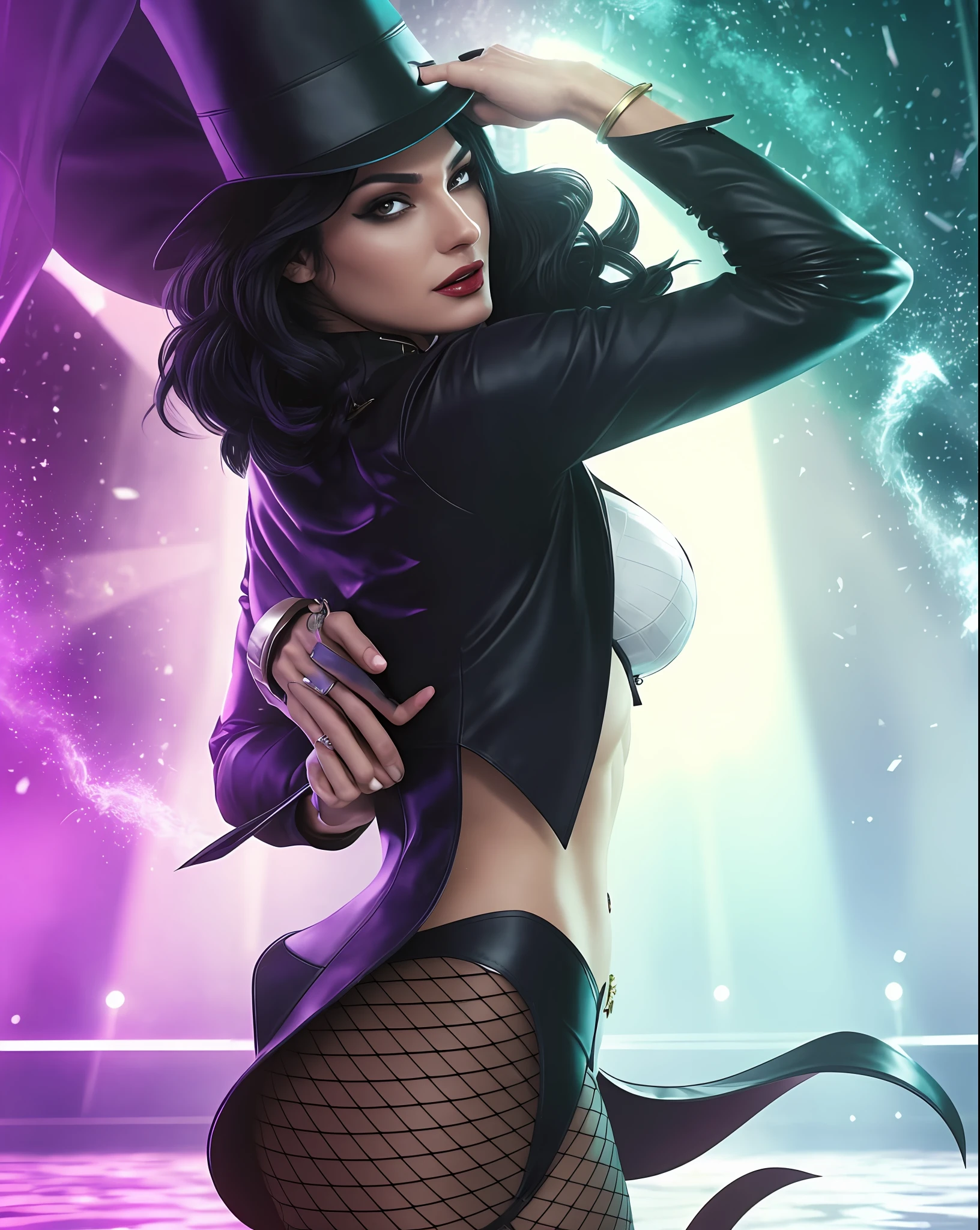 European woman, Zatana, dc comics, leather suit, photo realism, cinematic environment.