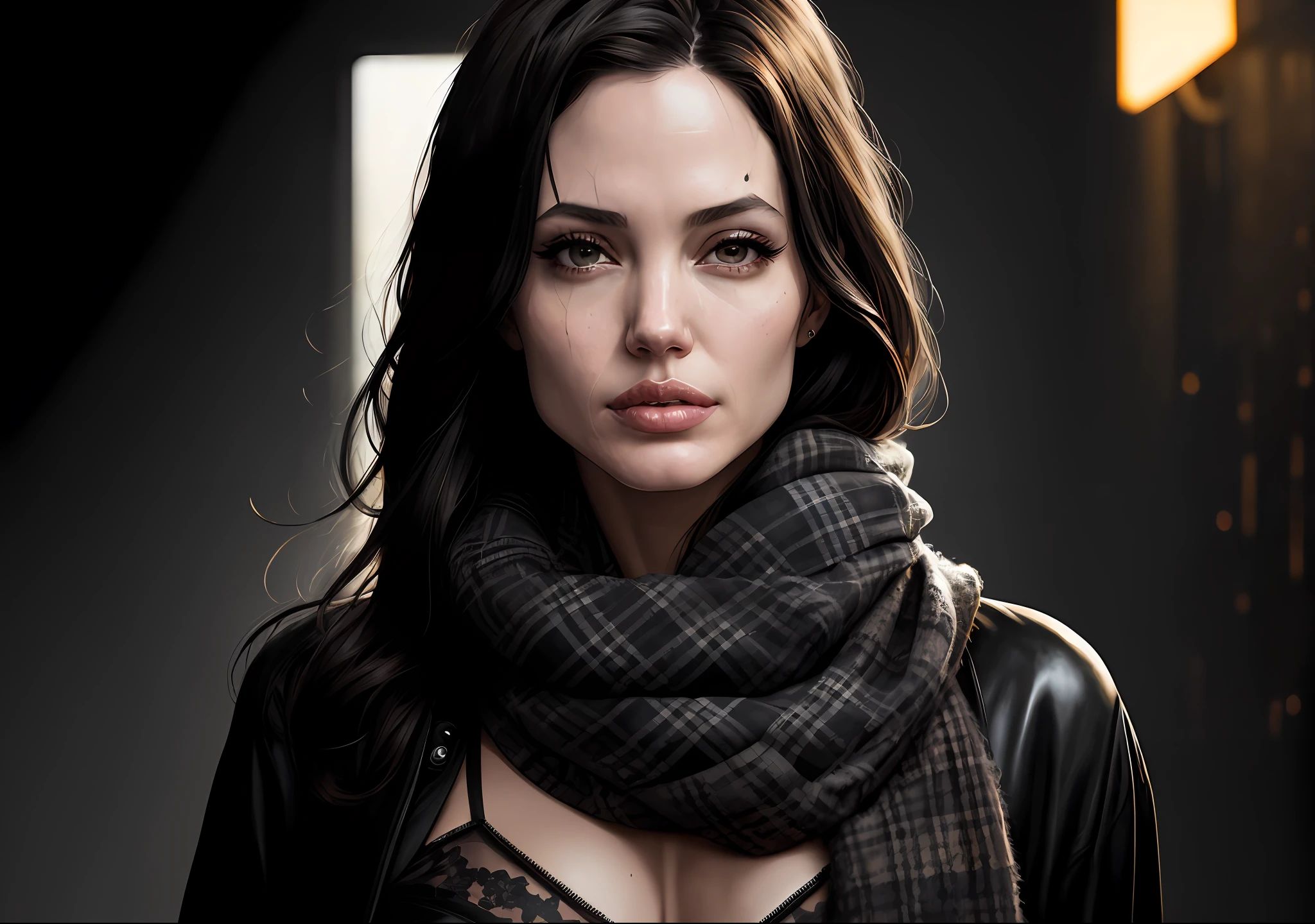 Angelina Jolie Photo with dark covered body: 1.1), realistic epic, halo portrait, sunglasses, blue eyes, plaid scarf, white hair by Atey Ghailan, by Greg Rutkowski, by Greg Tocchini, by James Gilleard, by Joe Fenton, by Kaethe Butcher, yellow gradient, black, brown and magenta color scheme, grunge aesthetic!!! Graffiti brand wall background, art by Greg Rutkowski and Artgerm, soft cinematic light, Adobe Lightroom, Photo Lab, HDR, intricate, highly detailed, (depth of field: 1.4), faded, (neutral colors: 1.2), (HDR: 1.4), (soft colors:1.2), hyperdetailed, (Artstation:1.4), cinematic, warm lights, dramatic light, (intricate details:1.1), complex background, (Rutkowski:0.66), (blue and orange:0.4)