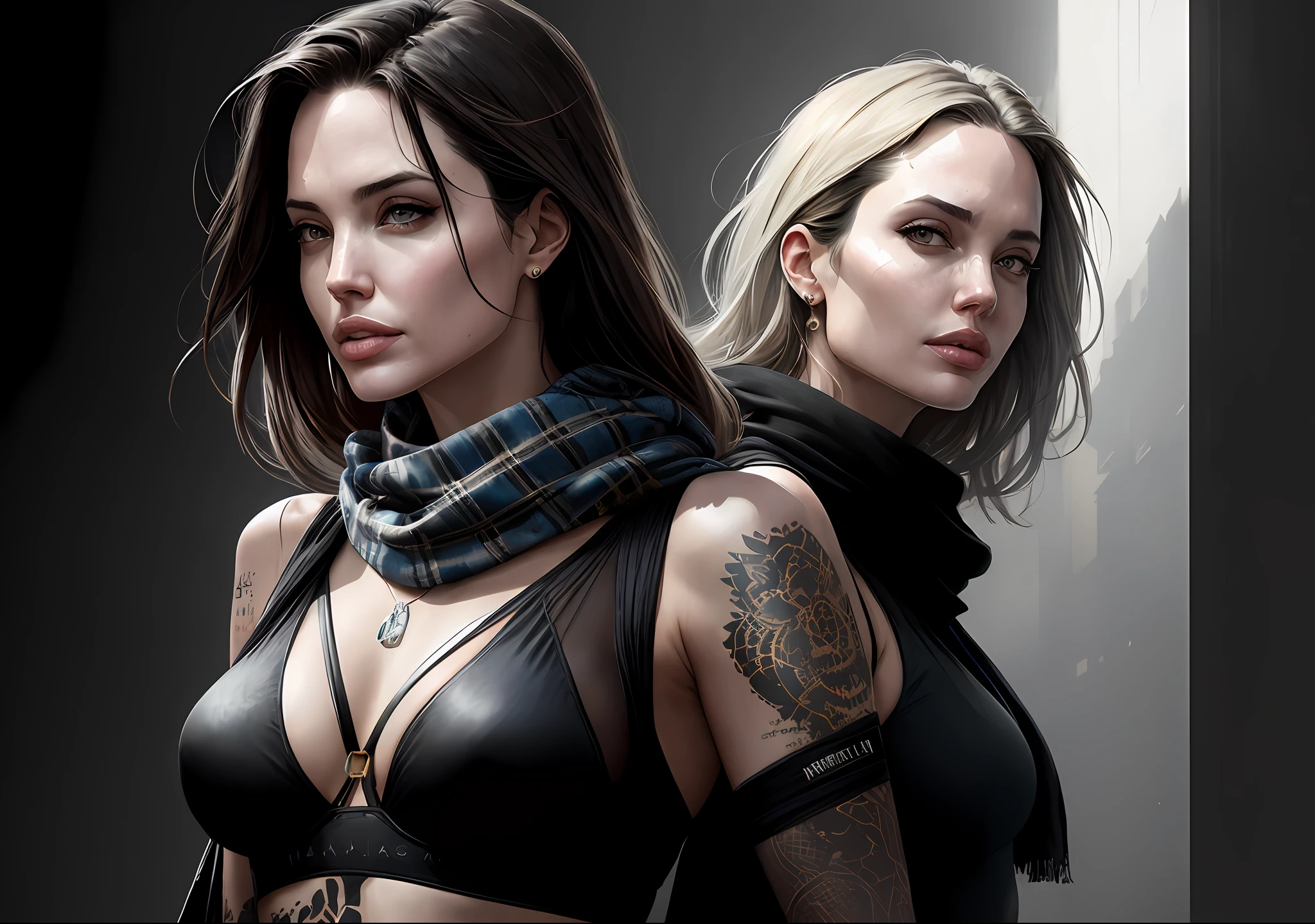 Angelina Jolie Photo with dark covered body: 1.1), realistic epic, halo portrait, sunglasses, blue eyes, plaid scarf, white hair by Atey Ghailan, by Greg Rutkowski, by Greg Tocchini, by James Gilleard, by Joe Fenton, by Kaethe Butcher, yellow gradient, black, brown and magenta color scheme, grunge aesthetic!!! Graffiti brand wall background, art by Greg Rutkowski and Artgerm, soft cinematic light, Adobe Lightroom, Photo Lab, HDR, intricate, highly detailed, (depth of field: 1.4), faded, (neutral colors: 1.2), (HDR: 1.4), (soft colors:1.2), hyperdetailed, (Artstation:1.4), cinematic, warm lights, dramatic light, (intricate details:1.1), complex background, (Rutkowski:0.66), (blue and orange:0.4)