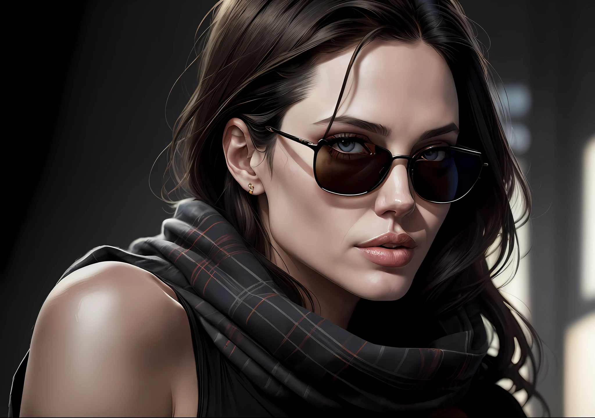 Angelina Jolie Photo with dark covered body: 1.1), realistic epic, halo portrait, sunglasses, blue eyes, plaid scarf, white hair by Atey Ghailan, by Greg Rutkowski, by Greg Tocchini, by James Gilleard, by Joe Fenton, by Kaethe Butcher, yellow gradient, black, brown and magenta color scheme, grunge aesthetic!!! Graffiti brand wall background, art by Greg Rutkowski and Artgerm, soft cinematic light, Adobe Lightroom, Photo Lab, HDR, intricate, highly detailed, (depth of field: 1.4), faded, (neutral colors: 1.2), (HDR: 1.4), (soft colors:1.2), hyperdetailed, (Artstation:1.4), cinematic, warm lights, dramatic light, (intricate details:1.1), complex background, (Rutkowski:0.66), (blue and orange:0.4)