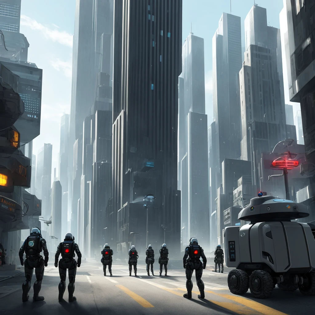 security robots patrol a a dystopian sci-fi city street