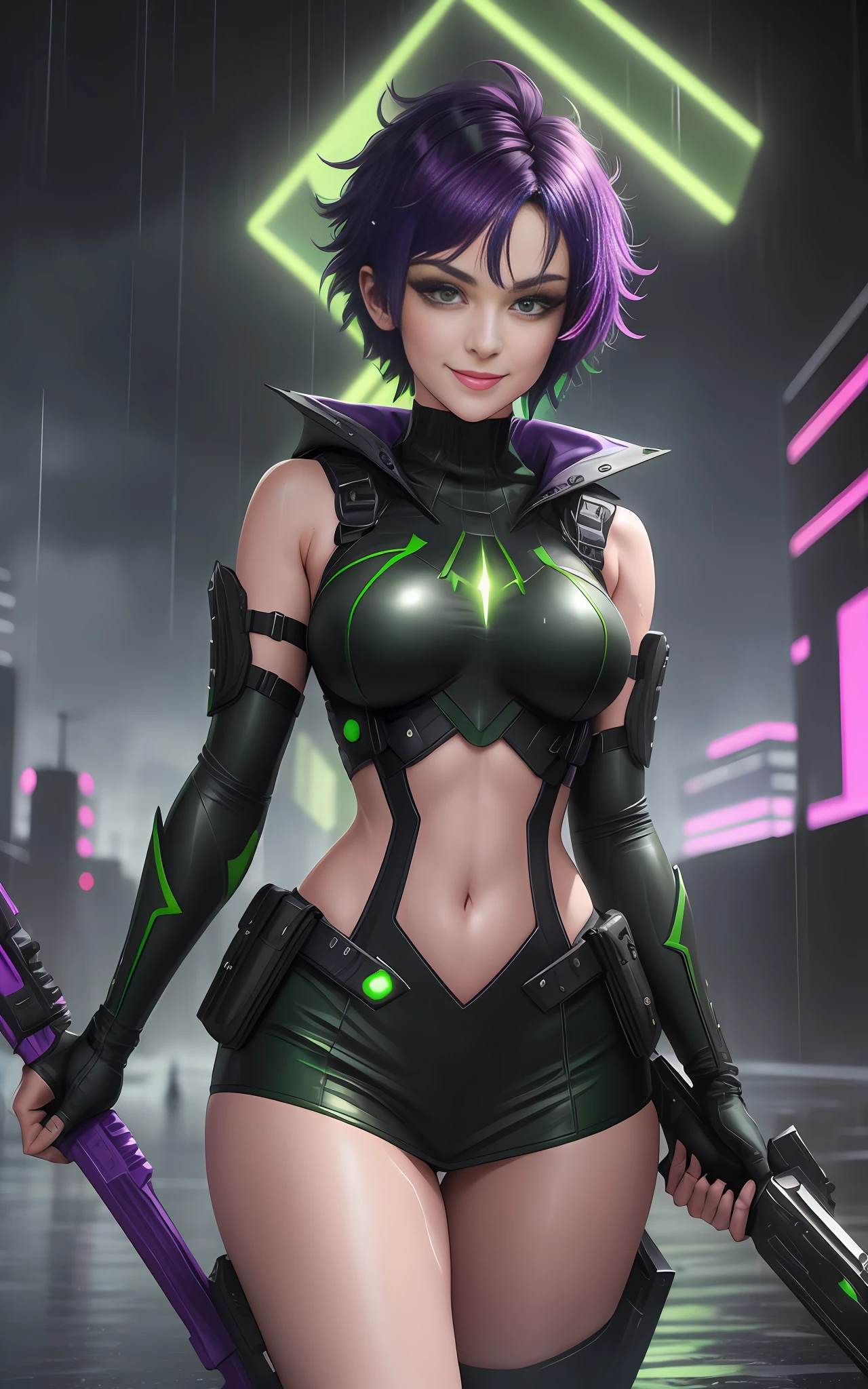 Image 16k,FHD, style [Anime|cartoon], [Woman|black clothing with white parts|maid| Batman| Spider-Man], short purple hair, (((green eyes)))), looking at the viewer, smile, holding futuristic weapons, futuristic city, heavy rain, wet body.