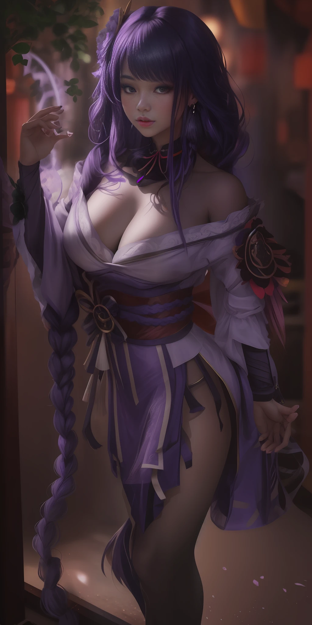 masterpiece, best quality, ultra high res,photon mapping,best shadow,portrait,beauty detail,ultra high detail,long purple hair,single braid,blunt bangs,medium breasts,city,chinatown,downtown,see through, short dress, low cut:2, hair ornament, earrings, necklace, portrait, silver dress:2, looking at viewer,solo,professional light, detailed skin,