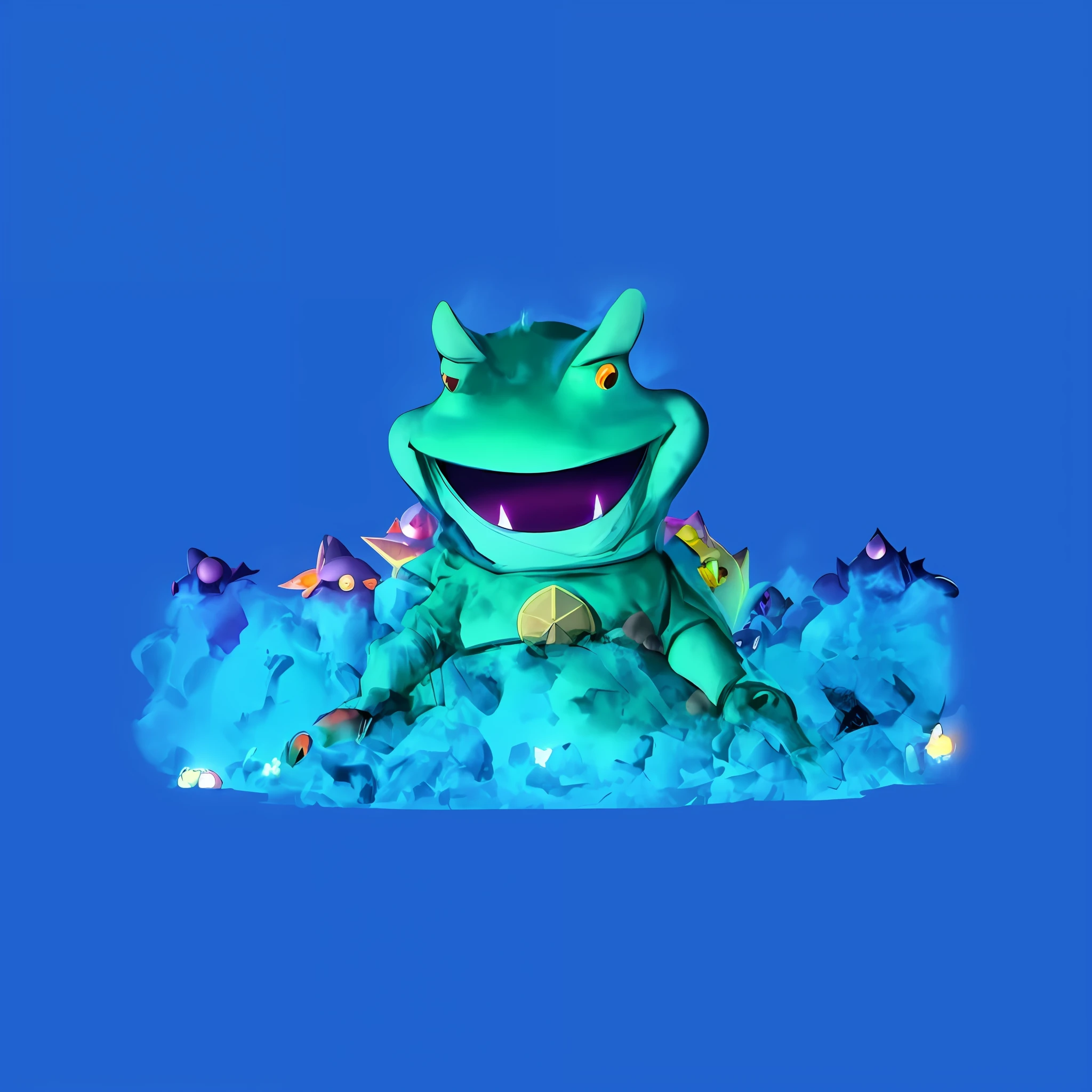 (space frog), villain, cute, evil, game asset, 3D rendering, high quality, immersive lighting, volumetric smoke, minimalistic design, deep space background.
