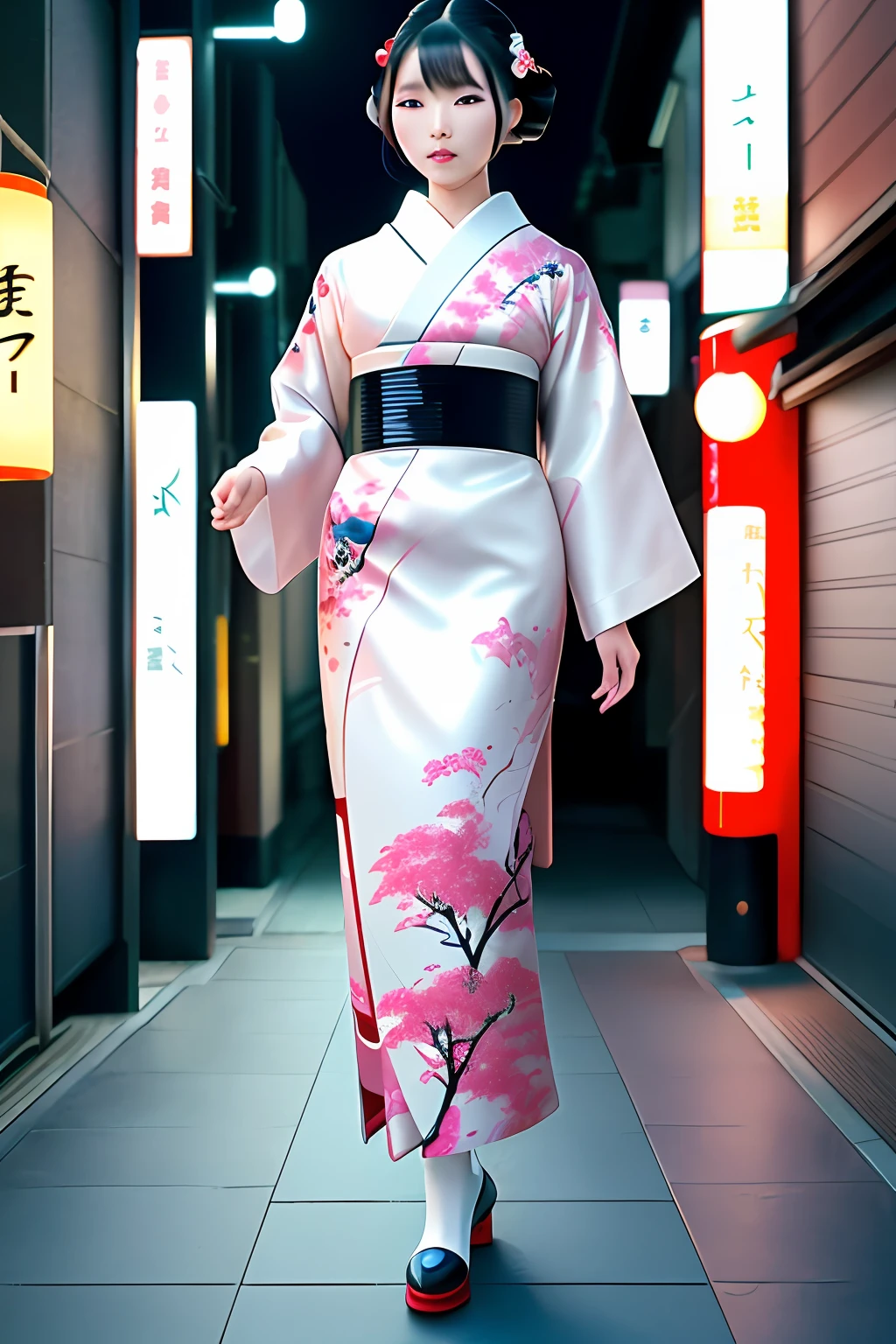 Futuristic geisha walking in the streets of japan, futuristic buildings, incredible details, incredible quality, 12k, incredible skin details, incredible eyes details, soft lighting, as shot from a sony A7RIV, 85 mm, field of view, ultrarealistic, hyperrealistic, photorealistic,