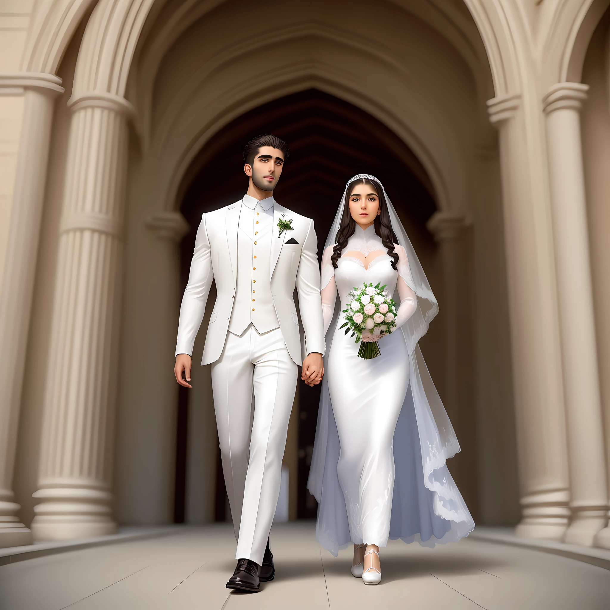 cathedral, very grand, lots of details, panorama view, 4K, couple in in their 20s in wedding attire, middle eastern fit man with short dark combed hair, shaved faced, white English girl, long fringe covering forehead, ultra-realistic, shot on Contax T3 SLR Camera, 85mm lens, f/1.8, wide tire - s 1000 --s 750