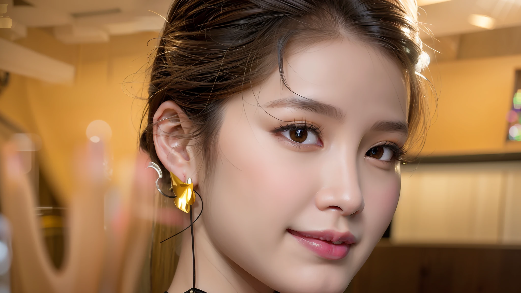araffe woman with a black shirt and gold earrings posing for a picture, young cute wan asian face, lovely delicate face, beautiful delicate face, asian beautiful face, a young asian woman, li zixin, beautiful young korean woman, beautiful south korean woman, chinese woman, xintong chen, ruan jia beautiful!, young adorable korean face, gorgeous chinese model