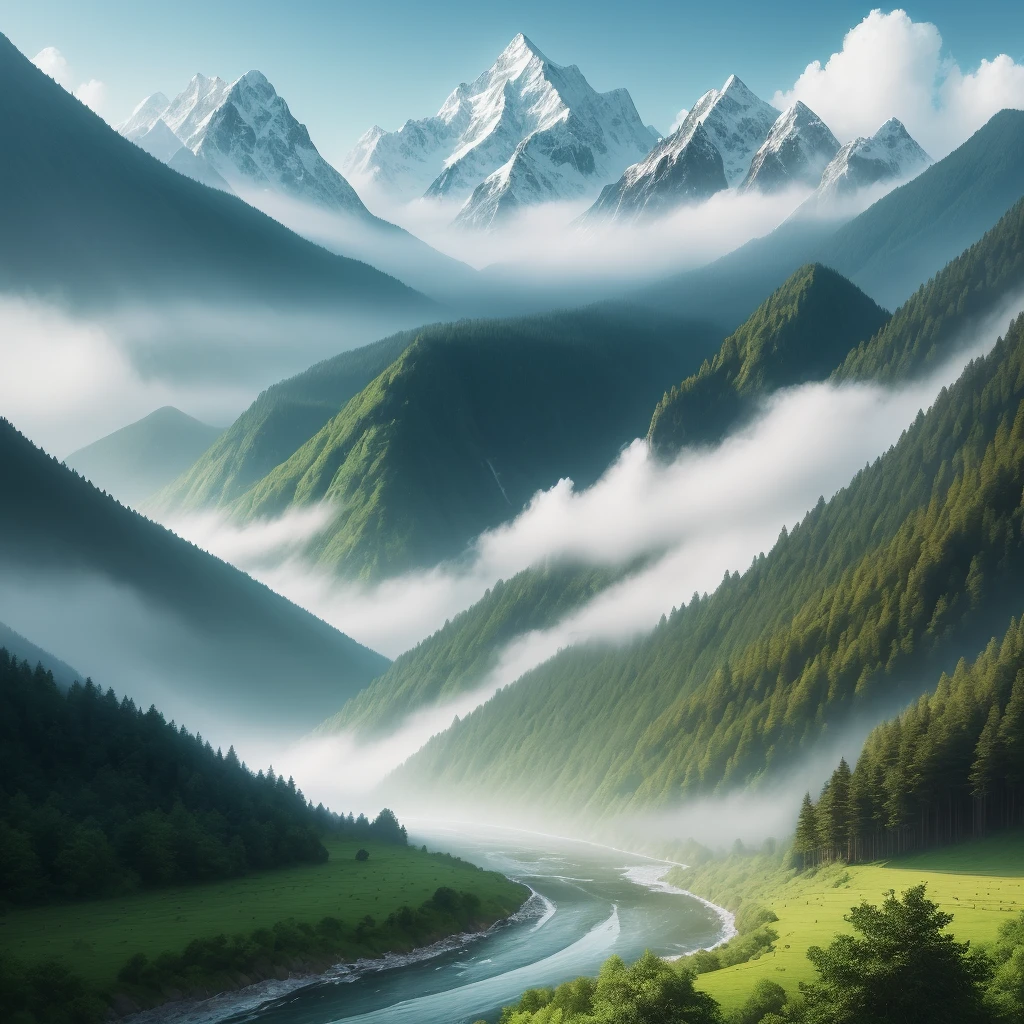 AI images of mountains and rivers are generated, presenting a picturesque and wonderful scene. In this picture, the towering mountain peaks stand like giants, majestic and magnificent. The top of the mountain is full of clouds and mist, like a dream world. The river meanders like silver threads, rushing down, bringing vitality and strength to life. The banks of the river are lush, forested and green, giving a sense of tranquility and harmony