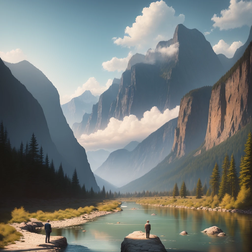 Realistic, two men, looking for gems in a river, mountains and clouds in the background, day and sun appearing on the horizon