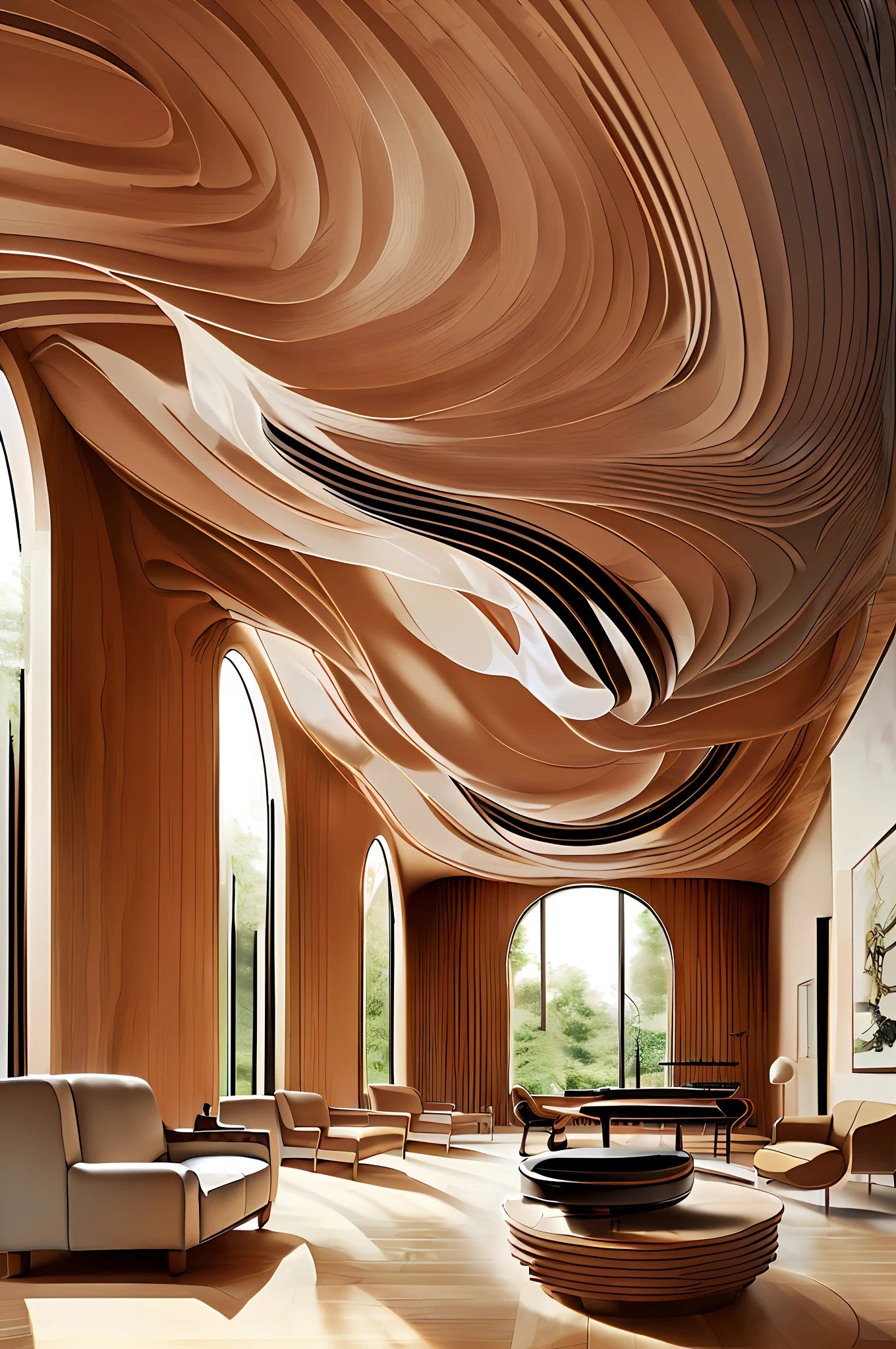 Large music room with with undulating wooden ceiling, with ((two black pianos, an armchair, two guitars and a saxophone)) , (realistic photo:1.2)