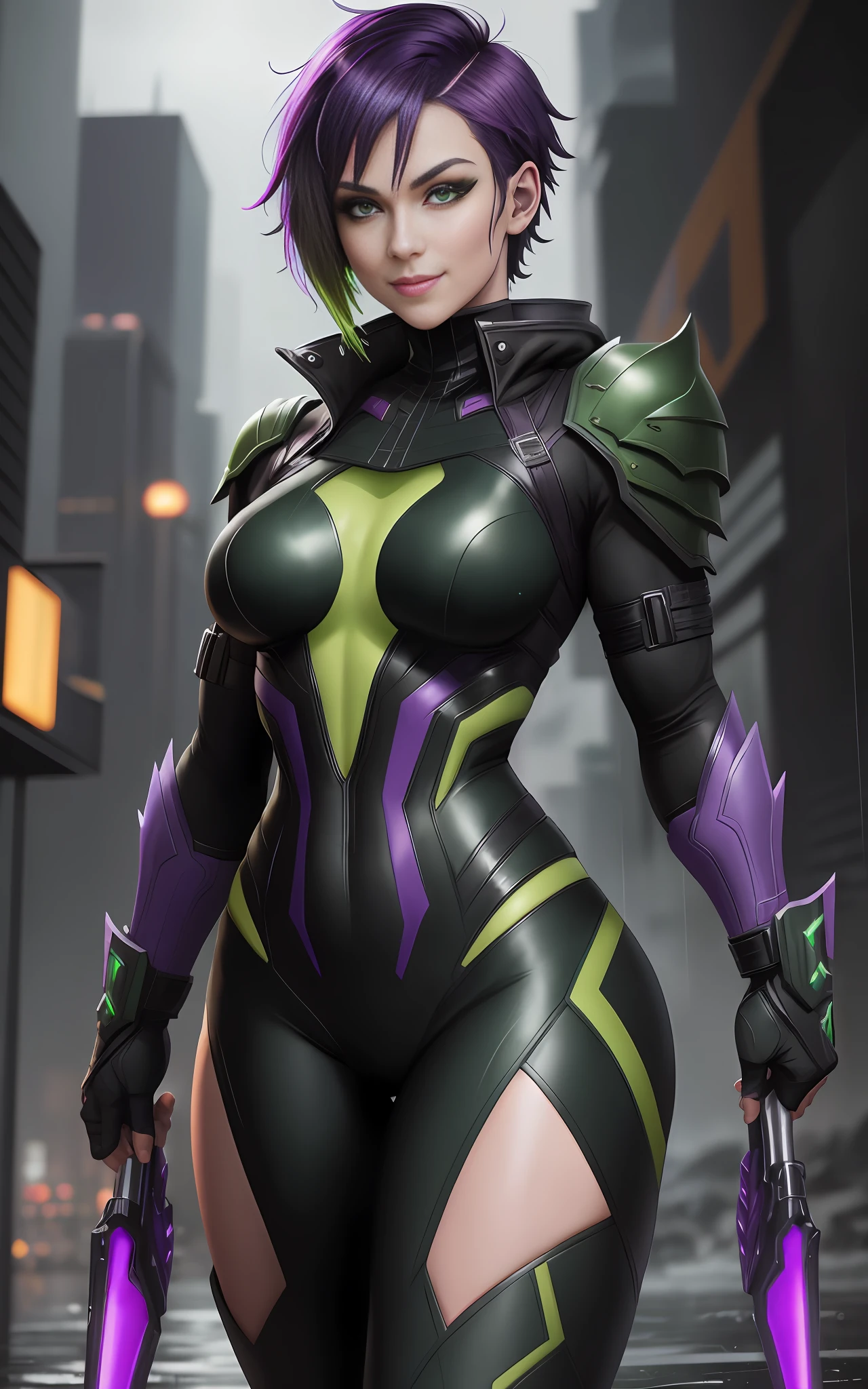 Image 16k,FHD, Anime style, Mortal Kombat, [Woman|black outfit with white parts|employed|Batman|Spiderman], short purple hair, (((green eyes))), looking at the viewer, smile, holding futuristic weapons, futuristic city, heavy rain, wet body.