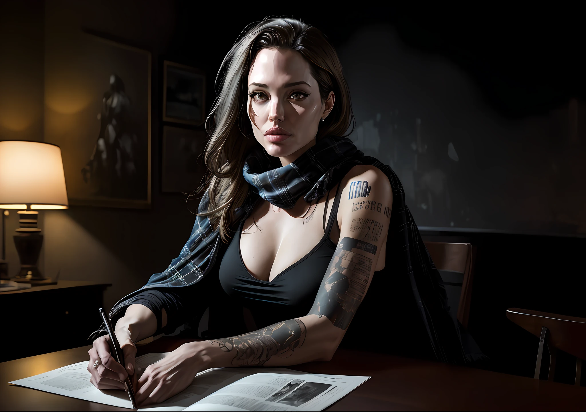 Angelina Jolie Dark photo: With her body covered, sitting at a table, realistic epic, halo portrait, sunglasses, blue eyes, plaid scarf, white hair by Atey Ghailan, by Greg Rutkowski, by Greg Tocchini, by James Gilleard, by Joe Fenton, by Kaethe Butcher, yellow gradient, black, brown and magenta color scheme, grunge aesthetic!!! Graffiti brand wall background, art by Greg Rutkowski and Artgerm, soft cinematic light, Adobe Lightroom, Photo Lab, HDR, intricate, highly detailed, (depth of field: 1.4), faded, (neutral colors: 1.2), (HDR: 1.4), (soft colors:1.2), hyperdetailed, (Artstation:1.4), cinematic, warm lights, dramatic light, (intricate details:1.1), complex background, (Rutkowski:0.66), (blue and orange:0.4)