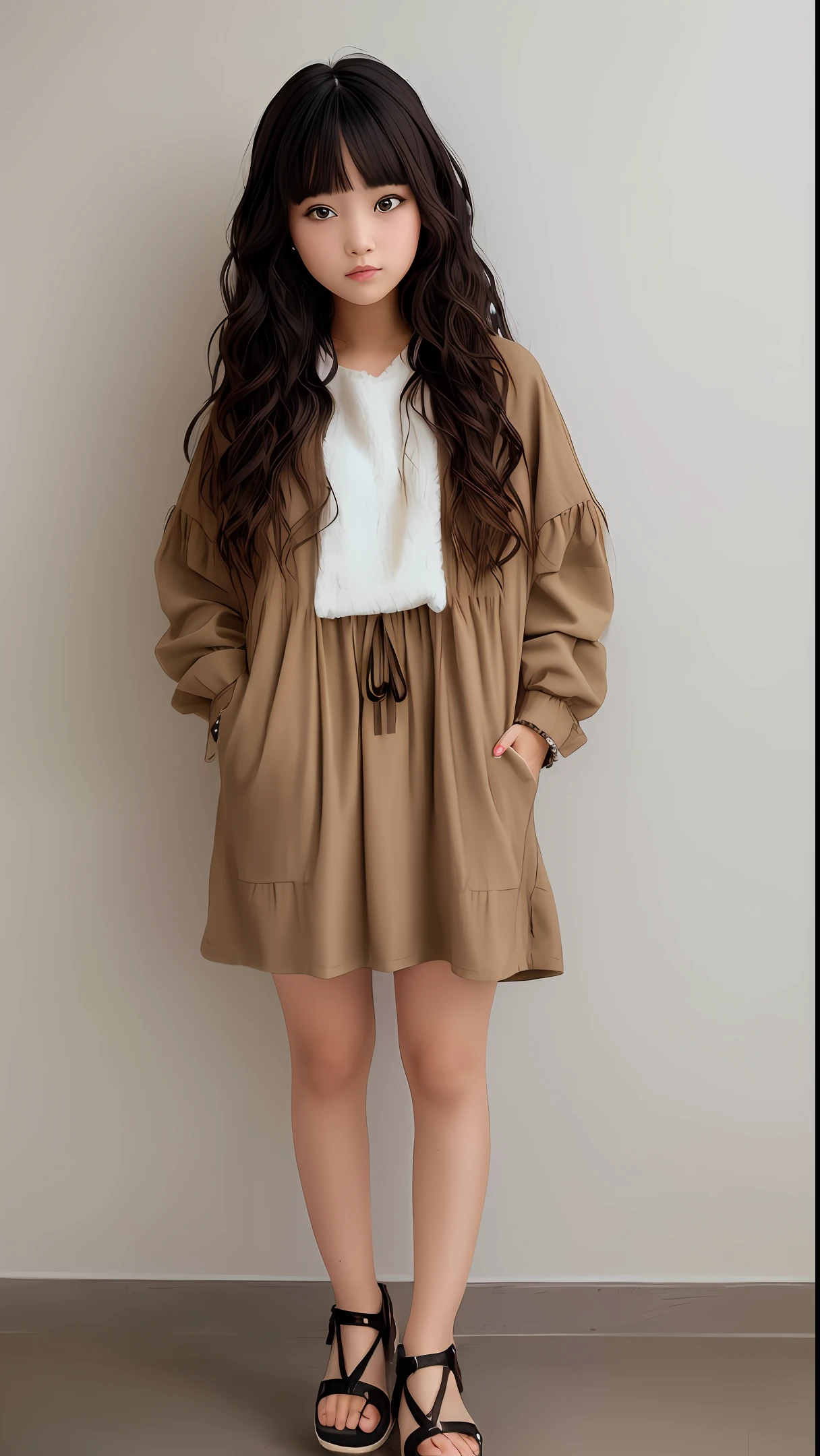 Girl, wavy hair big and brown, vintage beige clothes that has fringe that wears black mary jane shoes