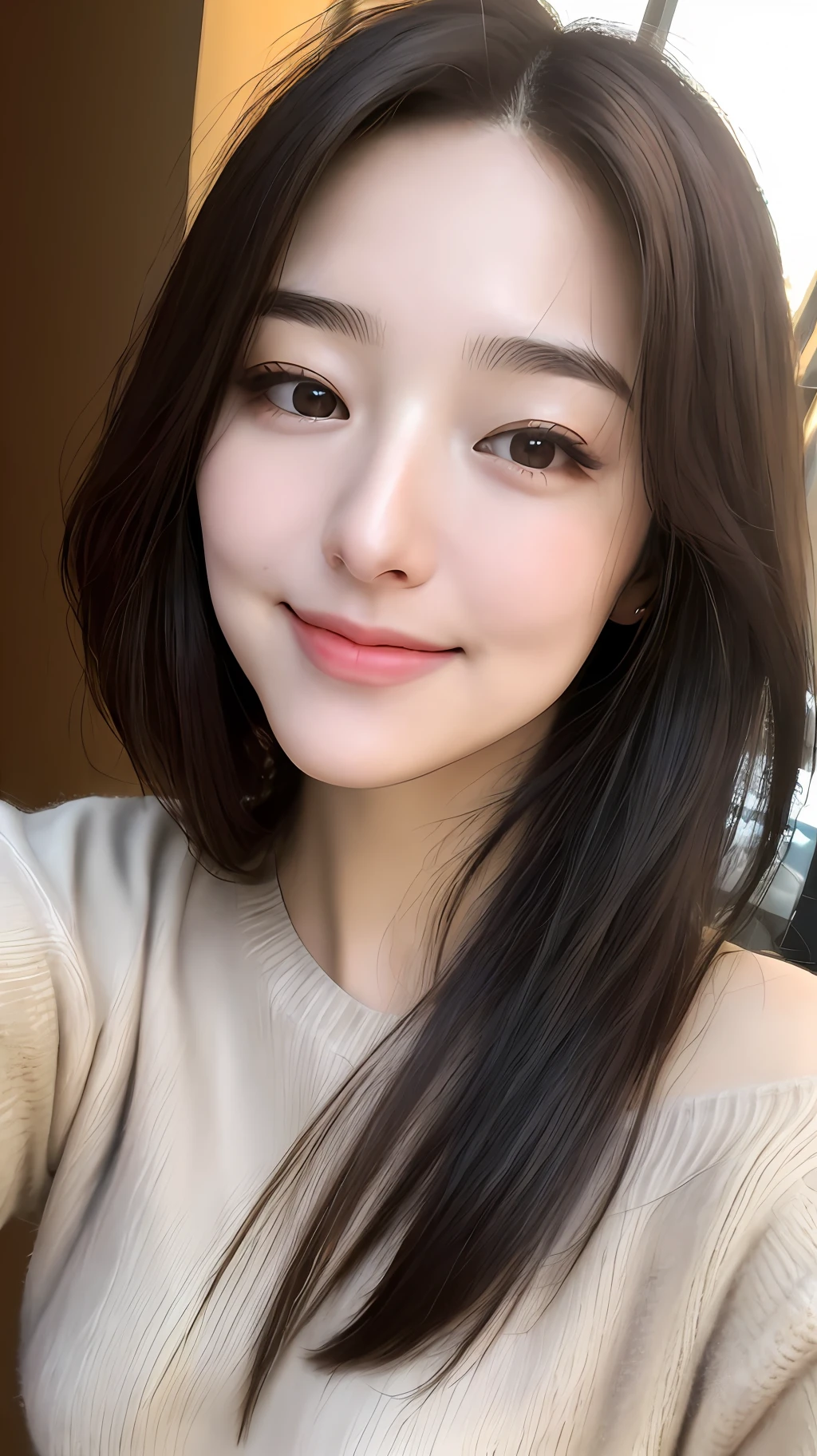 realistic photos of (1 cute Korean star) Shoulder-length hair, thin makeup, medium breasts size, slightly smile, t-shirt and sweater, in Rome, taking selfie, from above, clear facial features, 16K high resolution, sharp and realistic details.