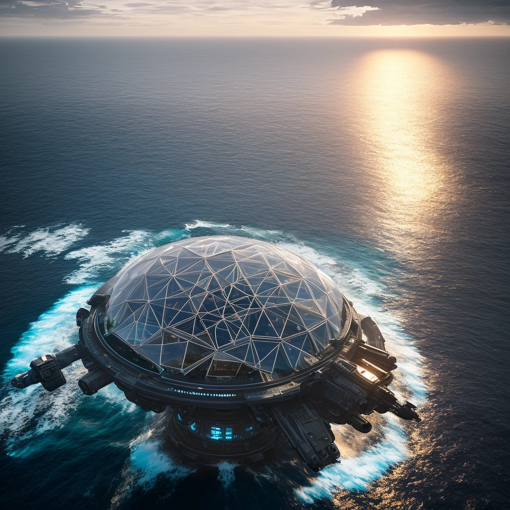 Structure is covered by a transparent glass dome with geodesic pattern
