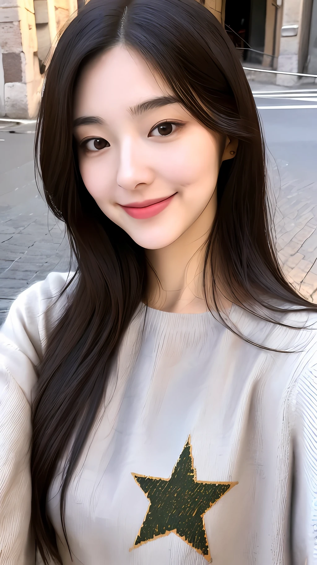 realistic photos of (1 cute Korean star) Shoulder-length hair, thin makeup, medium breasts size, slightly smile, t-shirt and sweater, in Rome, taking selfie, from above, clear facial features, 16K high resolution, sharp and realistic details.