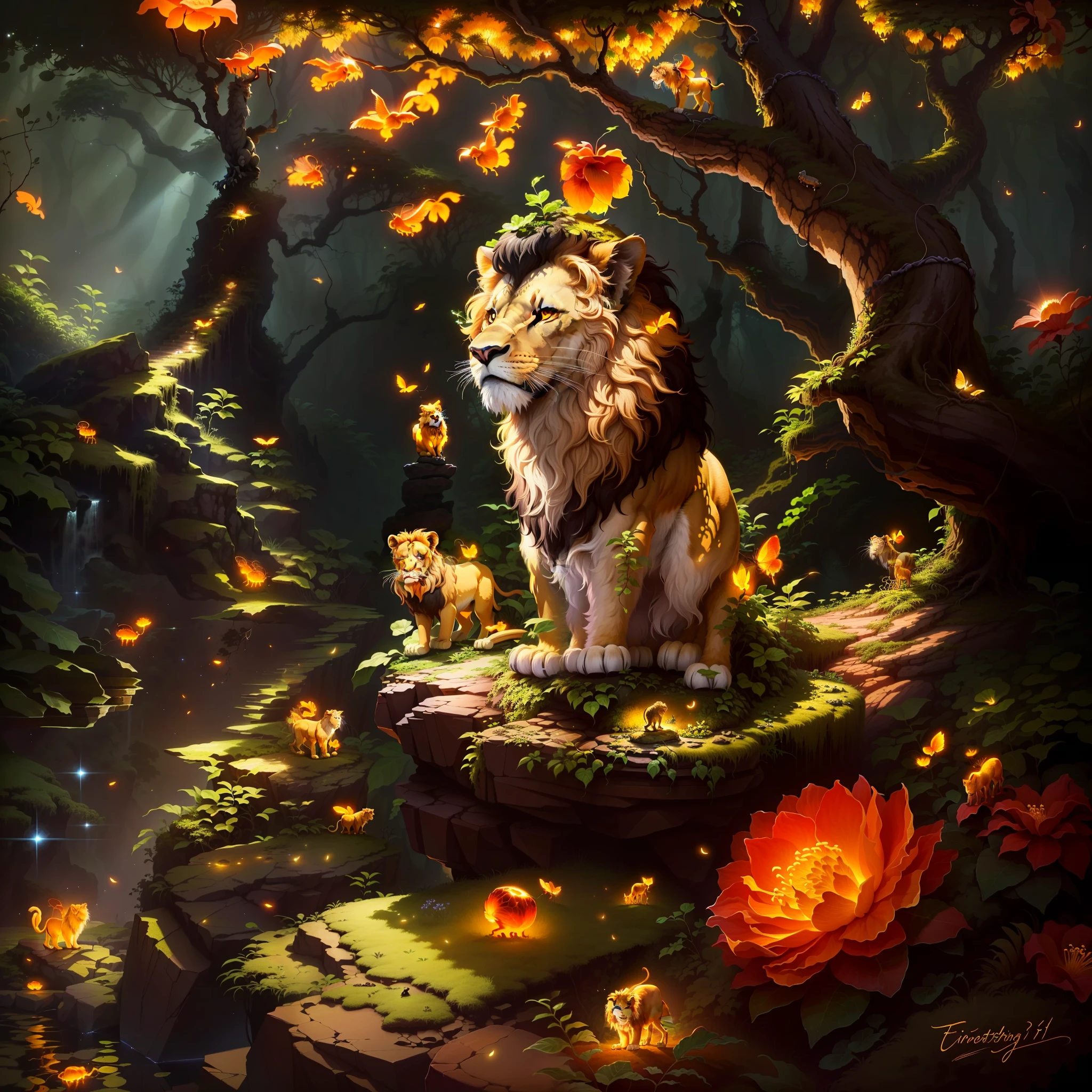 Lion standing on a rock as an anthill, in the rainforest, tendrils, bones lying around, fireflies, idyllic, blossoms, mystical, ants everywhere masterpiece, beautiful, 4k, realistic cartoon, mega realistic, scaled, centered-process - (53%)