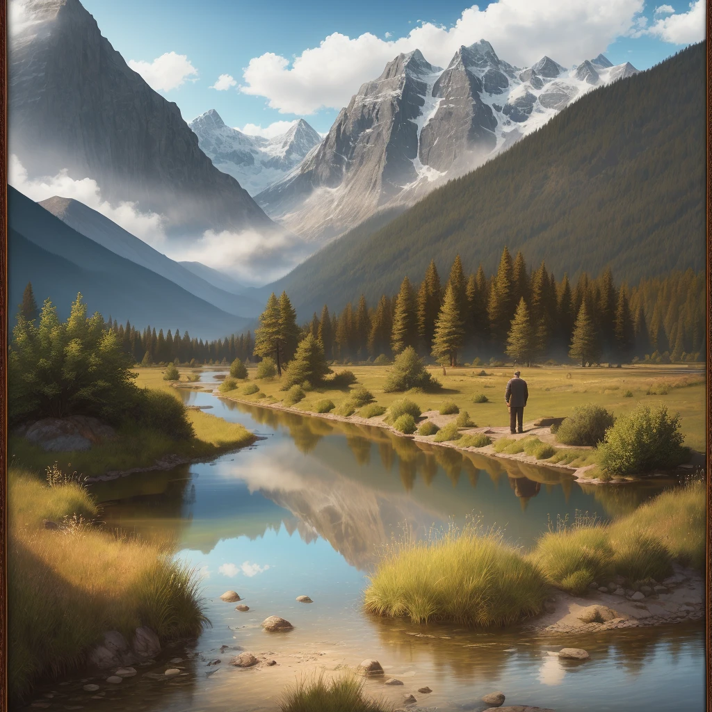 Realistic photo, frame of two men in archaeologists' clothes, looking for gems in the bed of a shallow river, mountains and clouds in the background, day and sun appearing on the horizon