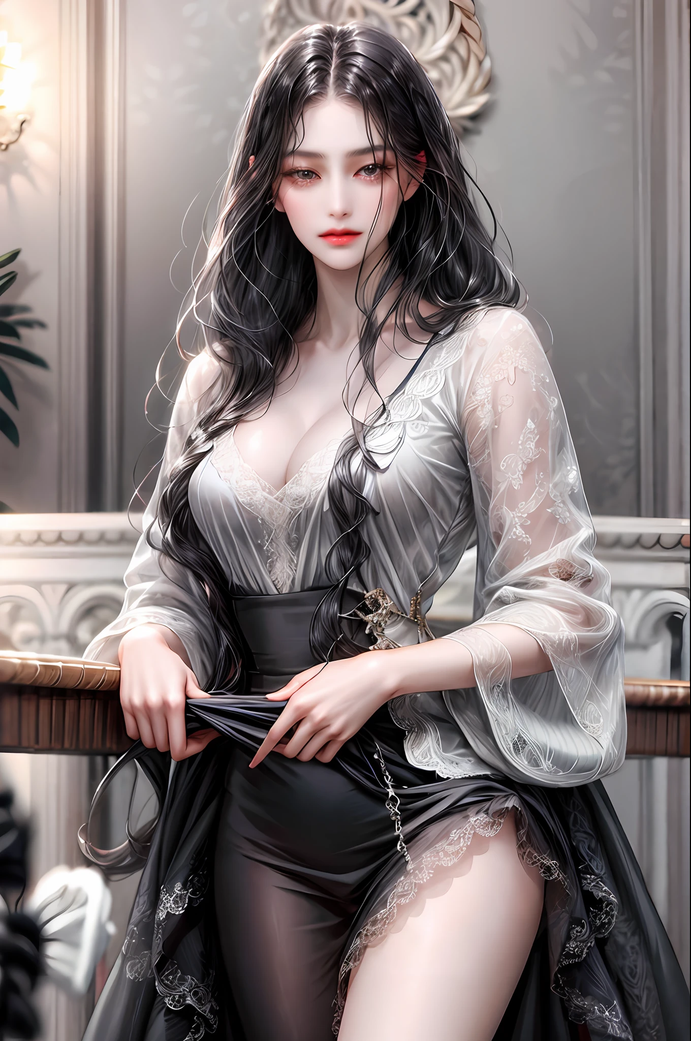 A company boss, long black wavy hair and gray eyes, tall, thin, sexy, look of disdain and arrogant, elegant and would be