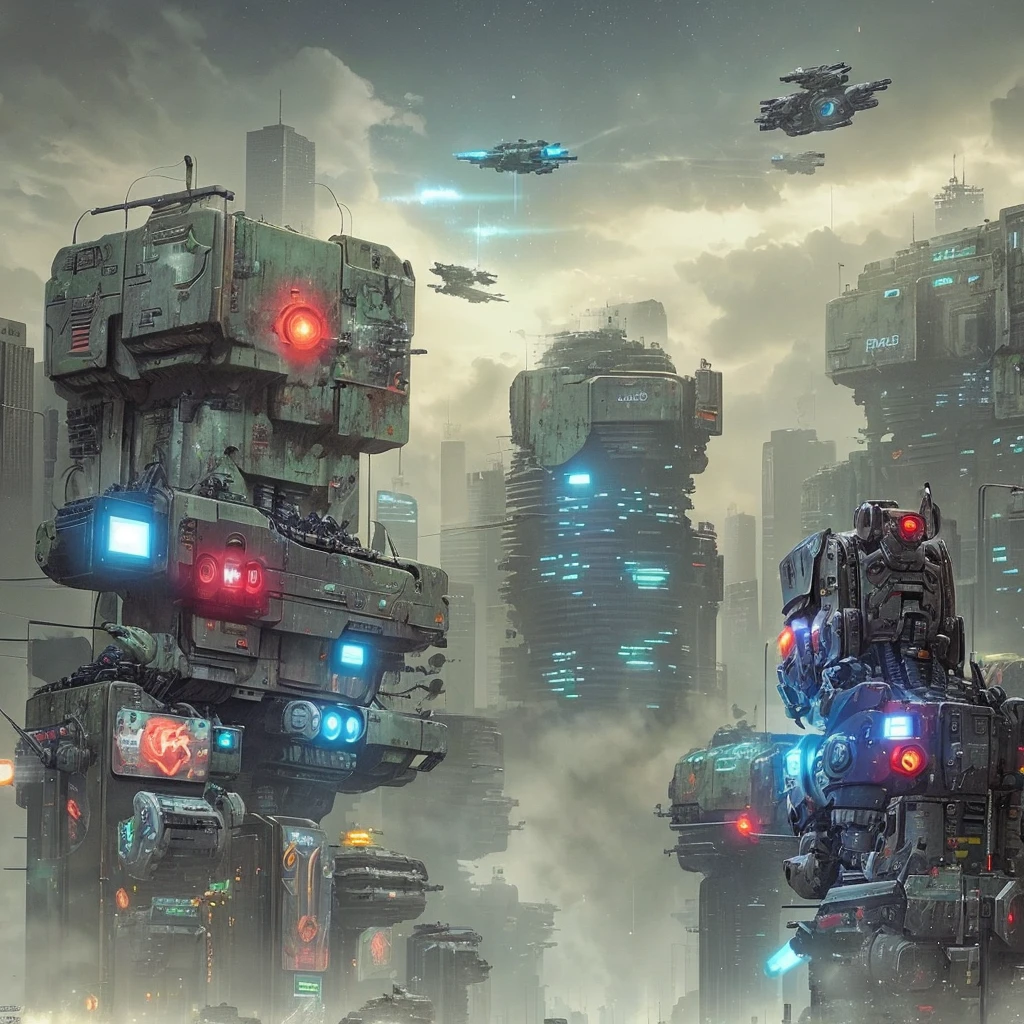 battle robots patrol a a dystopian sci-fi city street