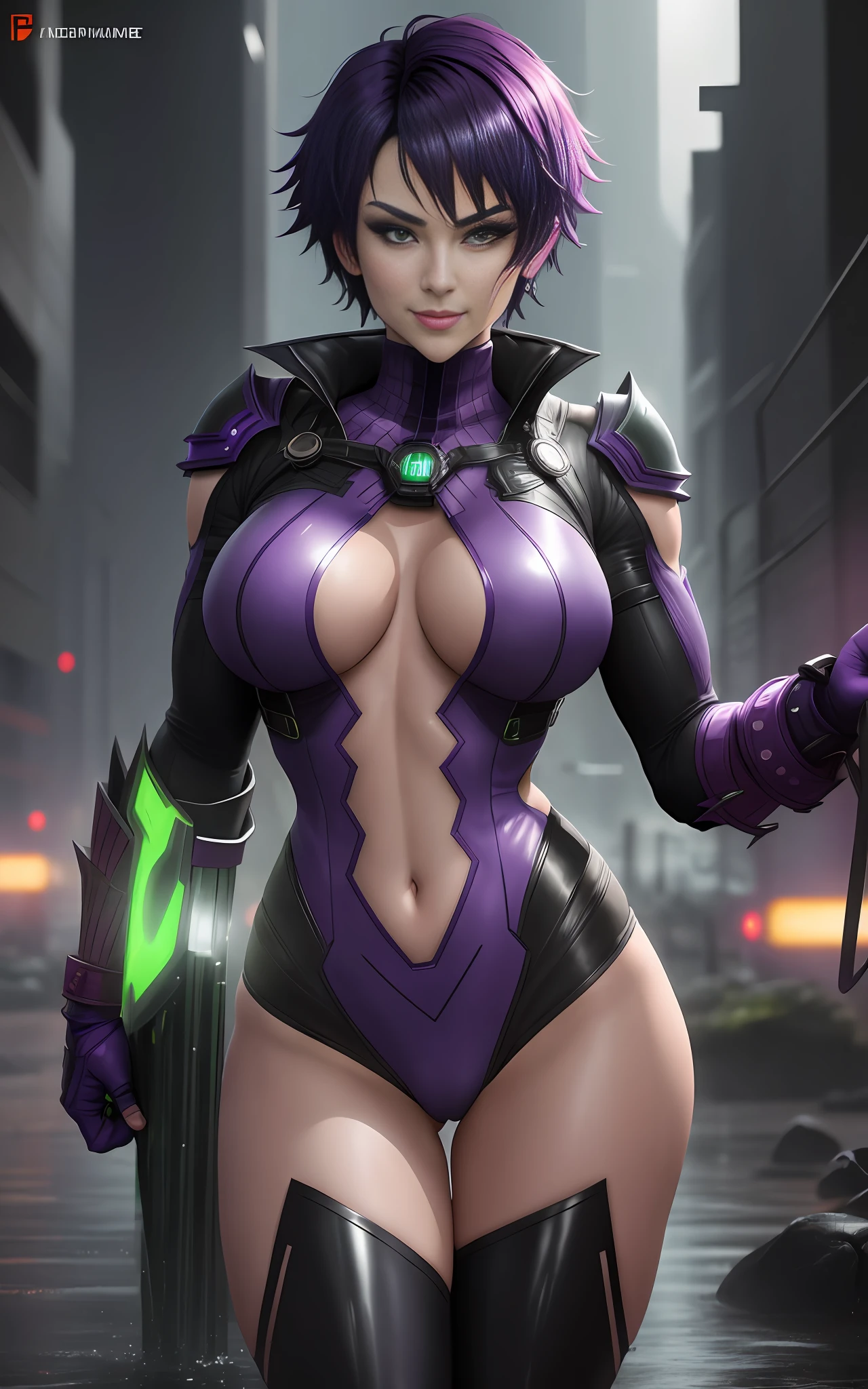 16k image, Anime style, Mortal Kombat, [Woman|Batman|Spiderman], short purple hair, green eyes, looking at the viewer, smile, holding futuristic weapons, futuristic macabre city, very heavy rain, wet body.