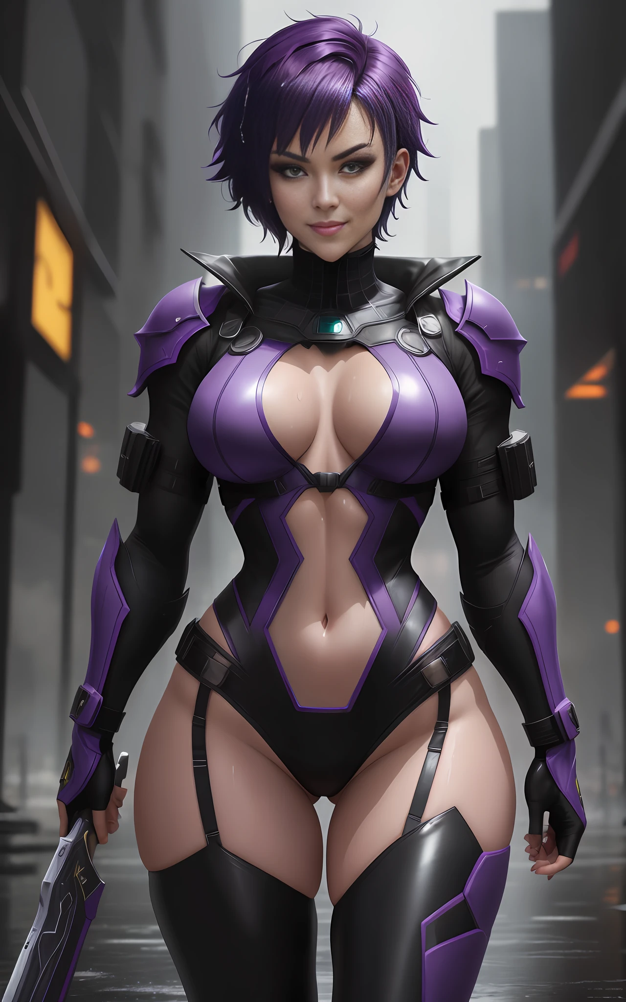 16k image, Anime style, Mortal Kombat, [Woman|Batman|Spiderman], short purple hair, green eyes, looking at the viewer, smile, holding futuristic weapons, futuristic macabre city, very heavy rain, wet body.