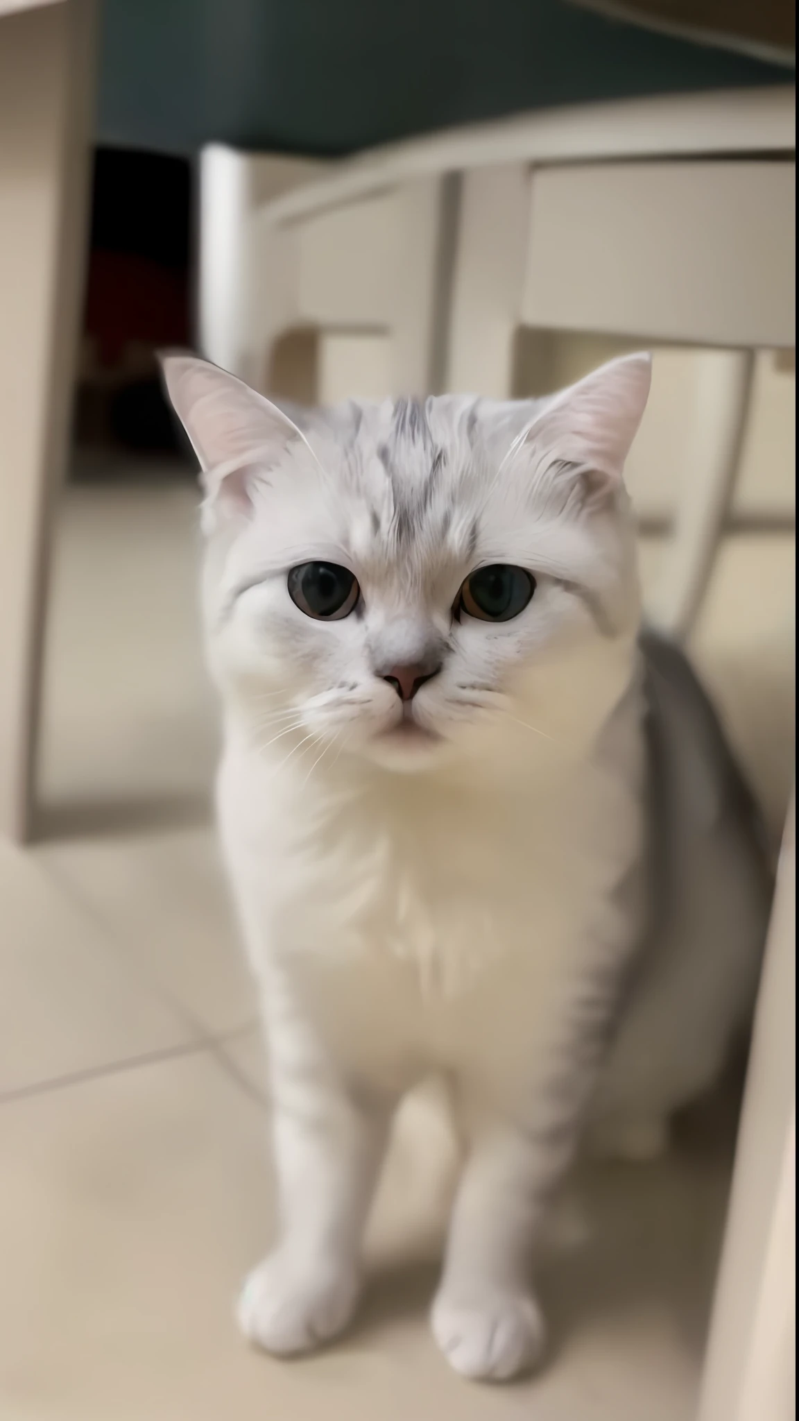 There is a cat sitting on the floor under the table, a cute cat made of metal, pictures of cats, cute cats, sad cats, she has a cute face, beautiful cat, Scottish folds, looks confused, looks confused, looks straight into the camera, she looks at us, big head, big eyes, stares into the camera, with cute doting eyes, (cyborg:1.1), ([tail | detailed wire]:1.3), (intricate details), hdr, (intricate details, Hyperdetailed: 1.2), cinematic lens, vignette, centered