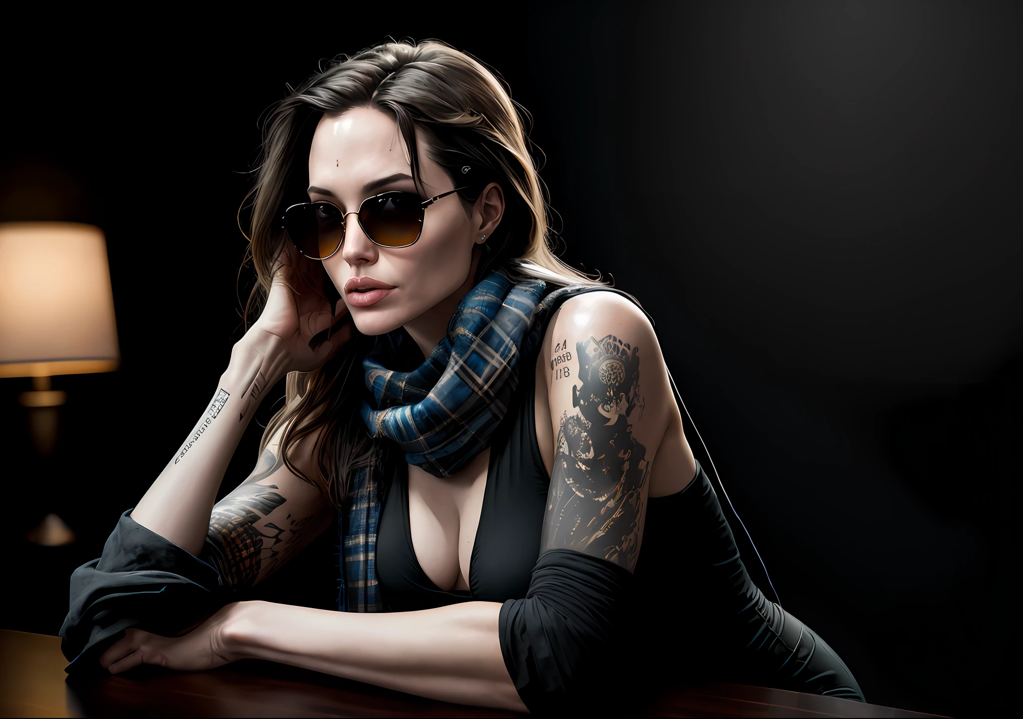 Angelina Jolie Dark photo: With her body covered, sitting on top of a table, realistic epic, halo portrait, sunglasses, blue eyes, plaid scarf, white hair by Atey Ghailan, by Greg Rutkowski, by Greg Tocchini, by James Gilleard, by Joe Fenton, by Kaethe Butcher, yellow gradient, black, brown and magenta color scheme, grunge aesthetic!!! Graffiti brand wall background, art by Greg Rutkowski and Artgerm, soft cinematic light, Adobe Lightroom, Photo Lab, HDR, intricate, highly detailed, (depth of field: 1.4), faded, (neutral colors: 1.2), (HDR: 1.4), (soft colors:1.2), hyperdetailed, (Artstation:1.4), cinematic, warm lights, dramatic light, (intricate details:1.1), complex background, (Rutkowski:0.66), (blue and orange:0.4)