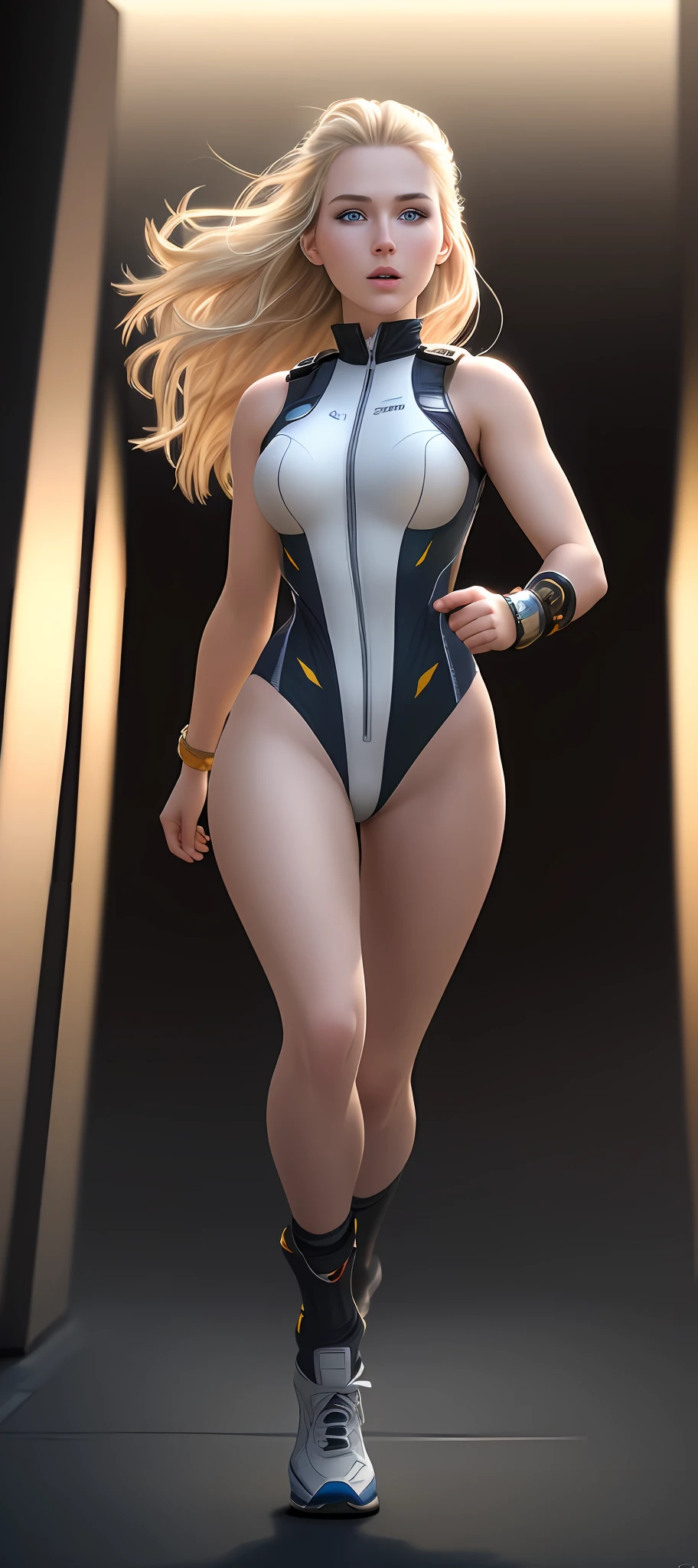 "Complete art masterpiece, high quality, ultra detailed in 4k, 8k, high resolution, hyper-realistic photo, hyper-detailed, realistic skin texture, amazing shadows, extremely detailed texture, perfect lighting, high-level image quality." A female captain of a spaceship, (Fair skin, blond hair, outlined eyes, outlined face, bracelet, Full body), wearing a one-piece superhero costume, running on the Edge of a building