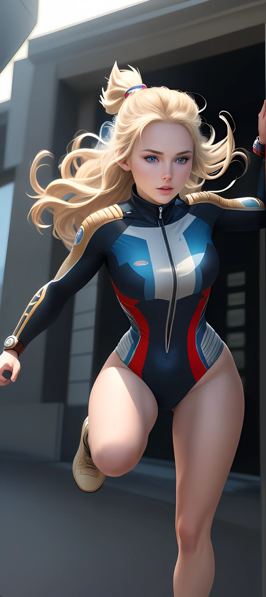 "Complete art masterpiece, high quality, ultra detailed in 4k, 8k, high resolution, hyper-realistic photo, hyper-detailed, realistic skin texture, amazing shadows, extremely detailed texture, perfect lighting, high-level image quality." A female captain of a spaceship, (Fair skin, blond hair, outlined eyes, outlined face, bracelet, Full body), wearing a one-piece superhero costume, running on the Edge of a building