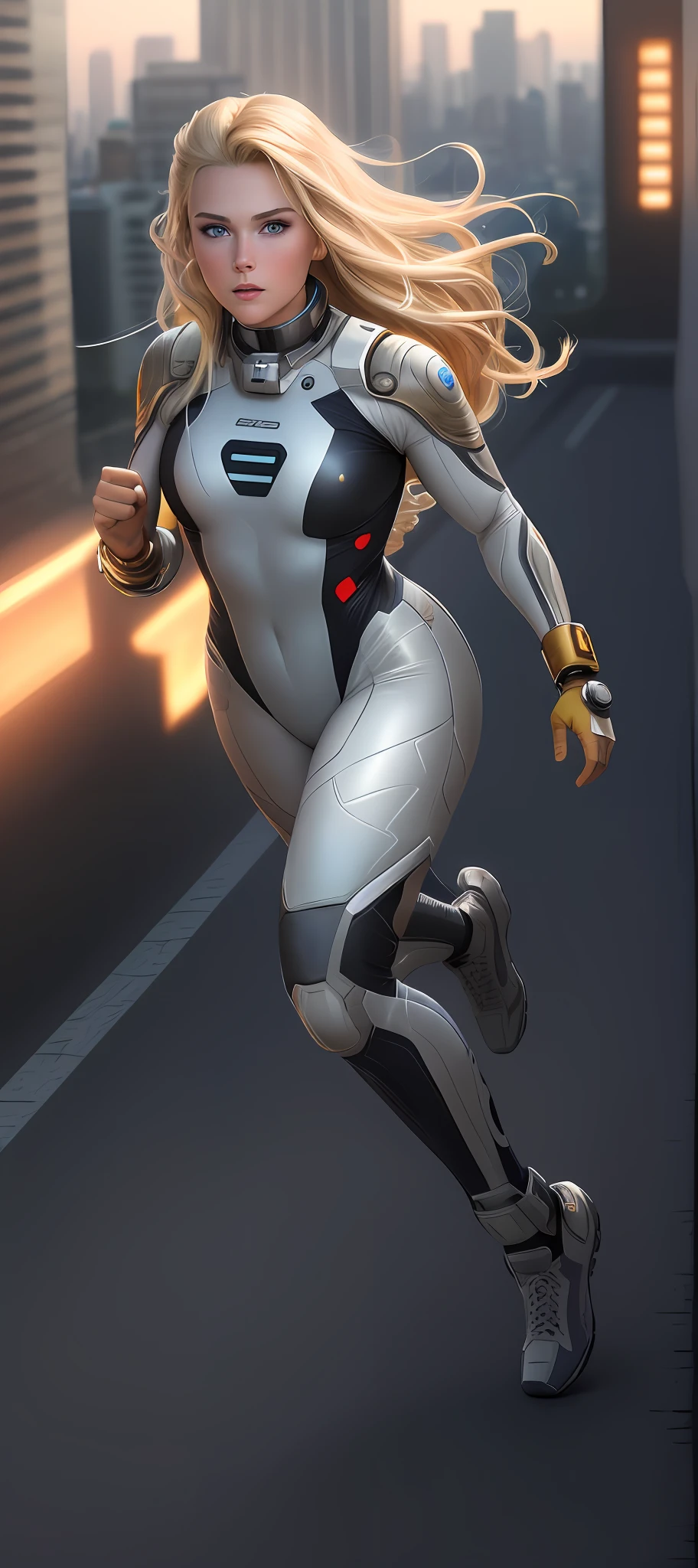 "Complete art masterpiece, high quality, ultra detailed in 4k, 8k, high resolution, hyper-realistic photo, hyper-detailed, realistic skin texture, amazing shadows, extremely detailed texture, perfect lighting, high-level image quality." A female captain of a spaceship, (Fair skin, blond hair, outlined eyes, outlined face, bracelet, Full body), wearing a one-piece superhero costume, running on the Edge of a building