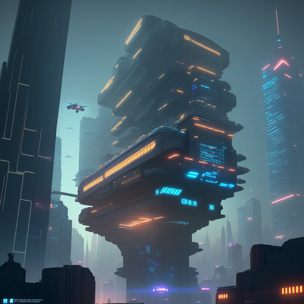 Futuristic cityscapes, ((Cyborg)), (Irregular architecture), Mechanical, (Cyberpunk), (Floating train), Drone, realistic lighting, (Abyss) masterpiece, high quality, beautiful graphics, high detail, night scene, blue lights, attention to detail, blue fluorescent lights
