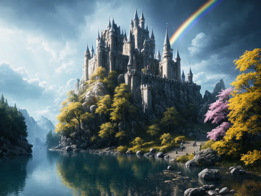 Masterpiece, best quality, high quality, extremely detailed CG unified 8k wallpaper, medieval castle kingdom. landscape, game of thrones, winterfell, winter, outdoors, rainbow, bright, sky, clouds, sky, landscape, water, trees, blue sky, waterfall, nature, lake, river, cloudy sky, award winning photography, bokeh, depth of field, HDR, bloom, chromatic aberration, realism, very detailed, trends on artstation, trends on CGsociety, intricate, high detail, dramatic, midjourney art, cinematic lighting, Verism, UHD, 16k, best quality, high quality, highres, masterpiece, super detail