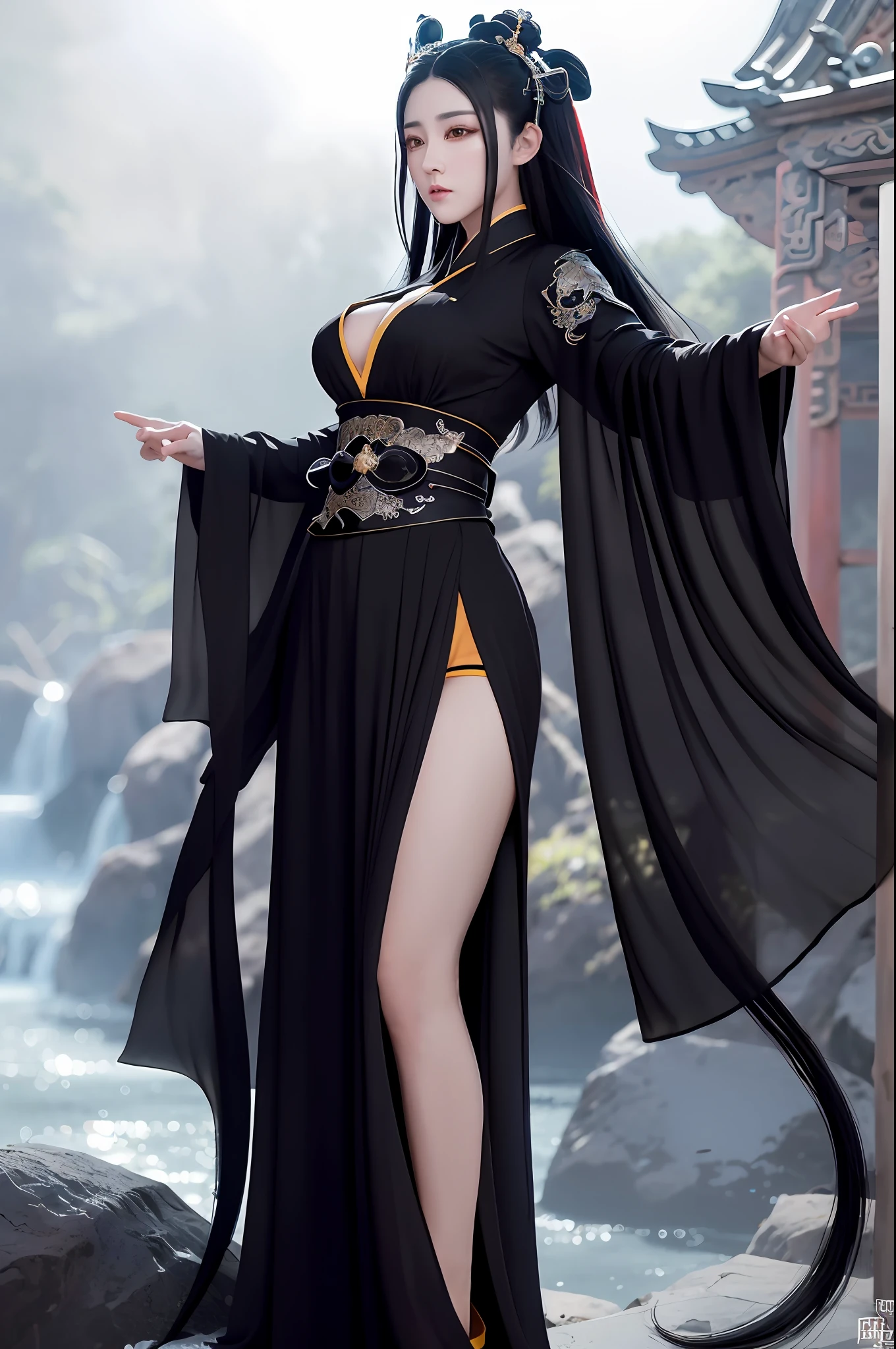 incredible_absurdres,ray tracing,best quality,black hair,black eyes,full body,beautiful and detailed eyes,aquagradient,Hanfu, , vibrant colors,high quality, high contrast,gorgeous light and shadow,(best quality),(Japanese:0.5),(korean:0.8), (Liu Yi Fei:1.5)