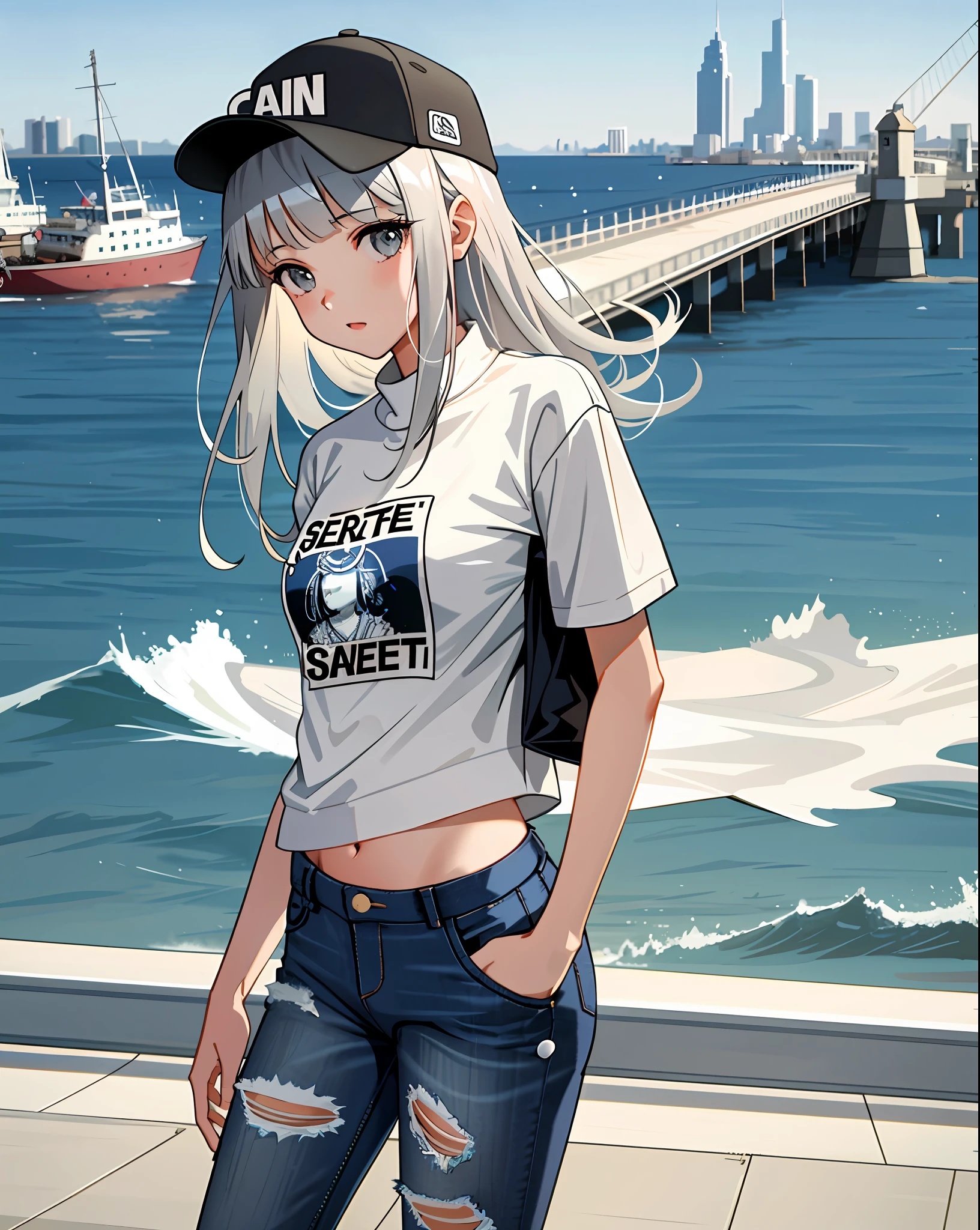 Unreal,
1 girl, silver bangs, sweater short sleeves, torn jeans, baseball cap, seaside city, detailed background