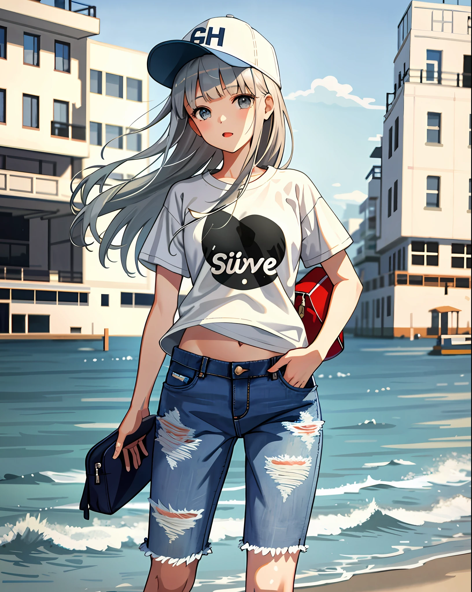 Unreal,
1 girl, silver bangs, sweater short sleeves, torn jeans, baseball cap, seaside city, detailed background