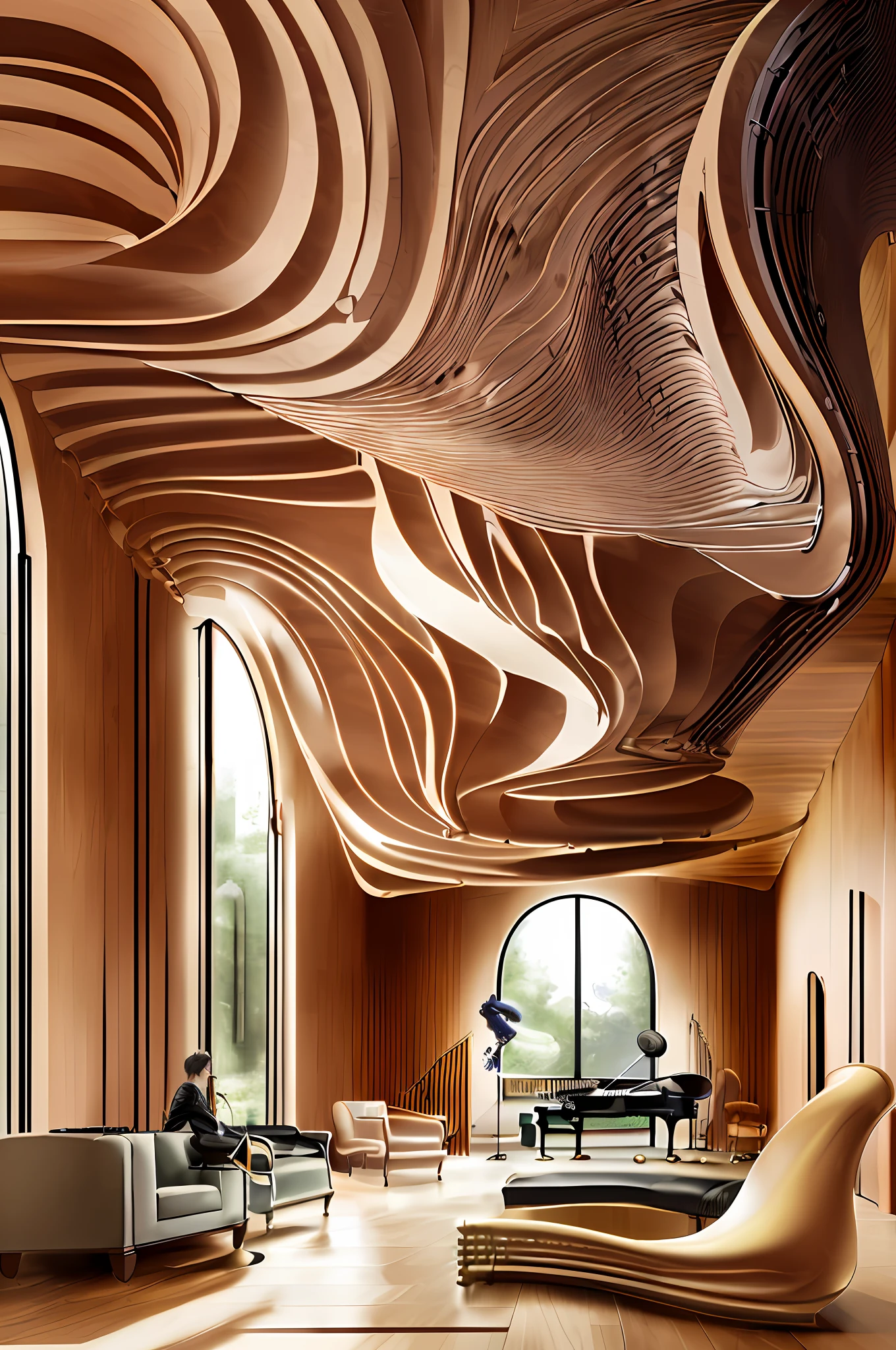 Large music room with with undulating wooden ceiling, with ((two black pianos, an armchair, two guitars and a saxophone)) , (realistic photo:1.2)