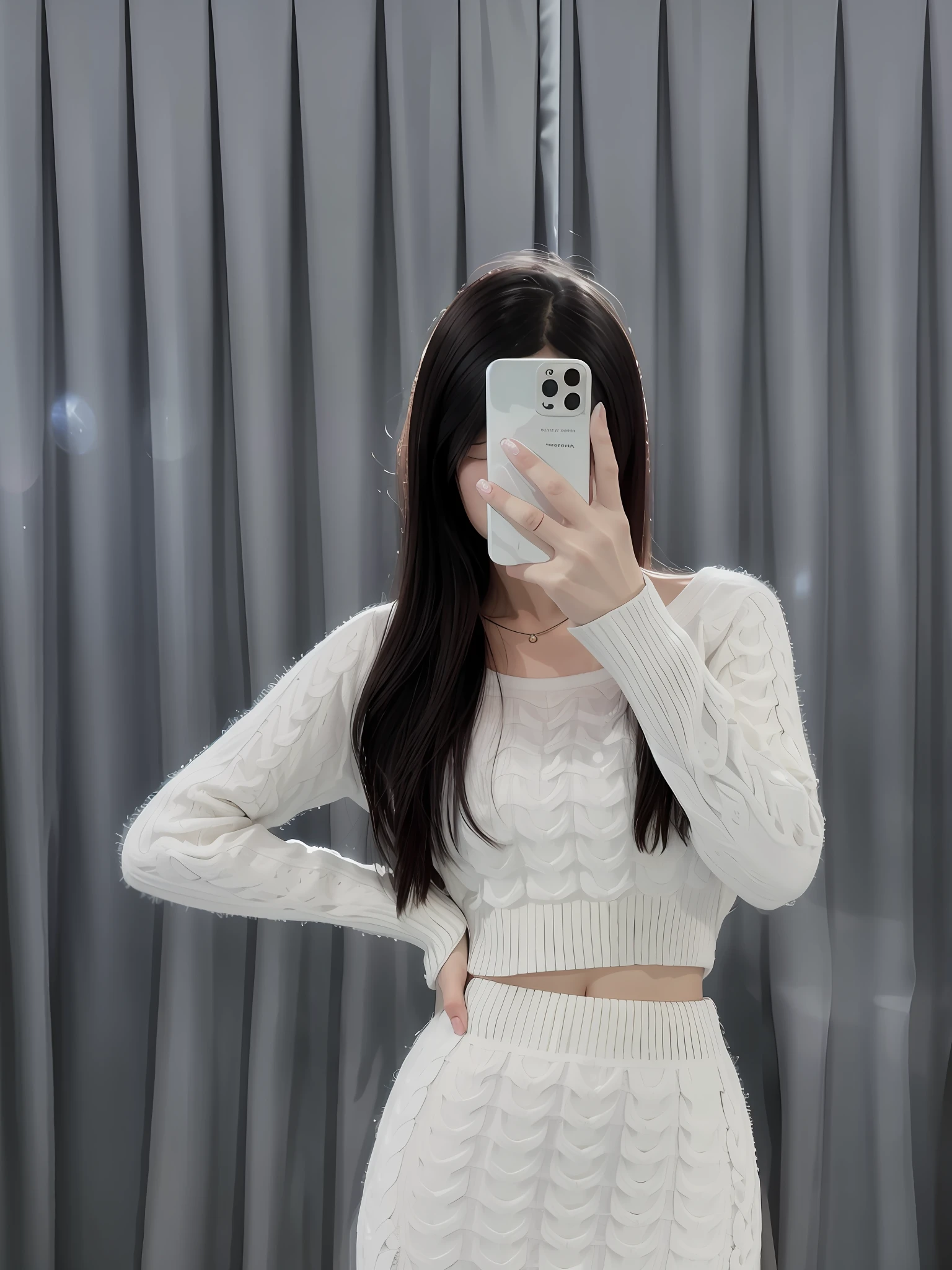araffed woman taking a selfie in front of a mirror, 8k)), ulzzang, smooth white tight clothes suit, white sweater, #oc, # oc, very detailed and high quality, cropped wide sleeve, taken with canon eos 5 d, crop top, 8 k ), 24mp, 2 4 mp, 4 k ], 4k]