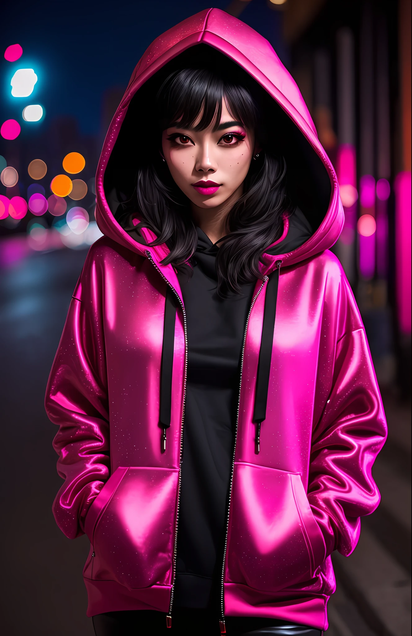 1 woman in street style, night city backgound, red hoodie, Nightcore, Sparklecore, Glittercore, Vaporwave