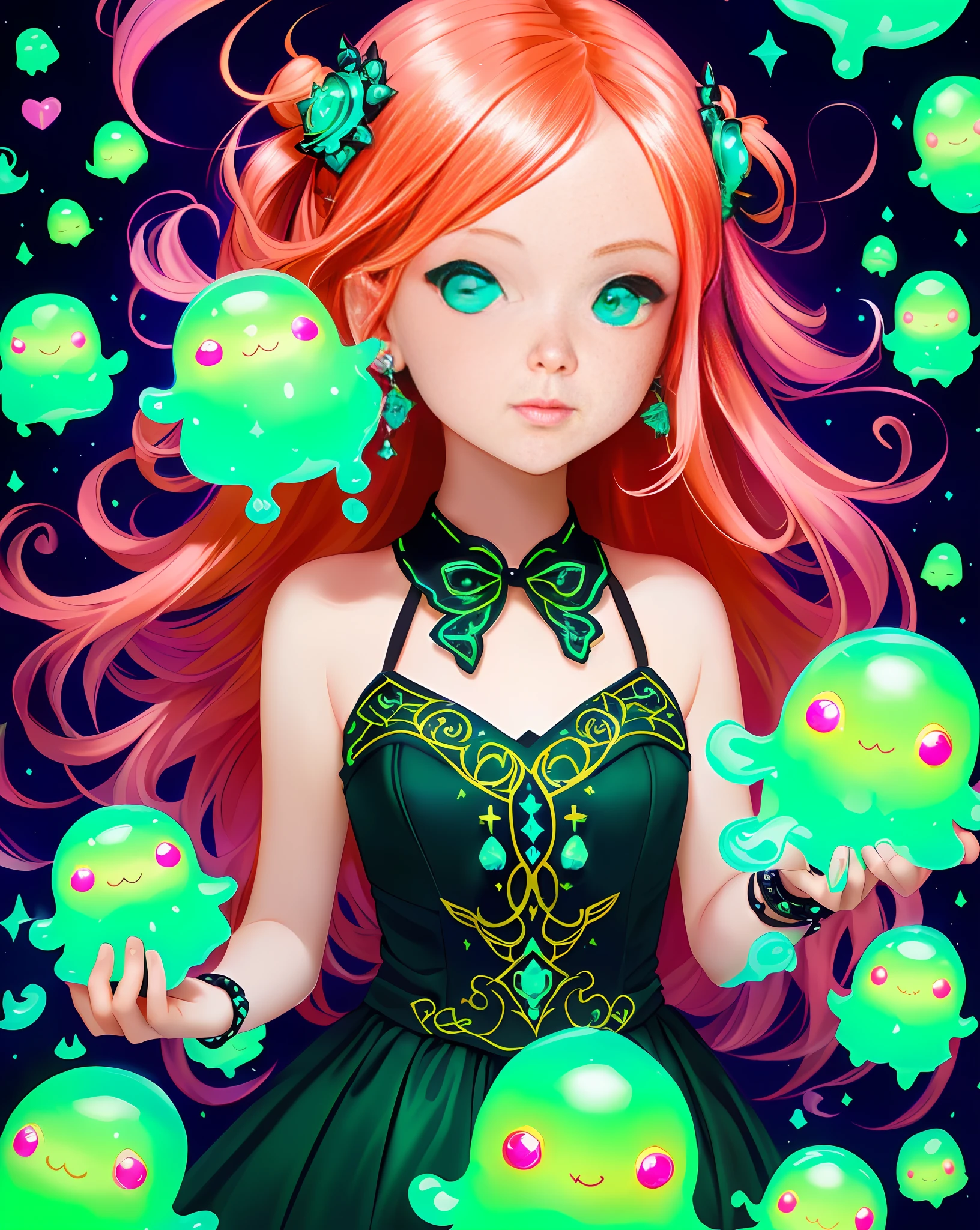 Full shot of hyperdetailed cute little necromancer girl surrounded by cute slimes, ginger-hair, greenish, glowy green smoke, extremely intricate background, deadly, colorful, 8k resolution, cartoon, vector, very intricate, painted with acrylics, mixmedia, volumetric lights, cinematic, low contrast, pastels, teal and magenta, extremely detailed, art inspired by Loish and Chris Sanders