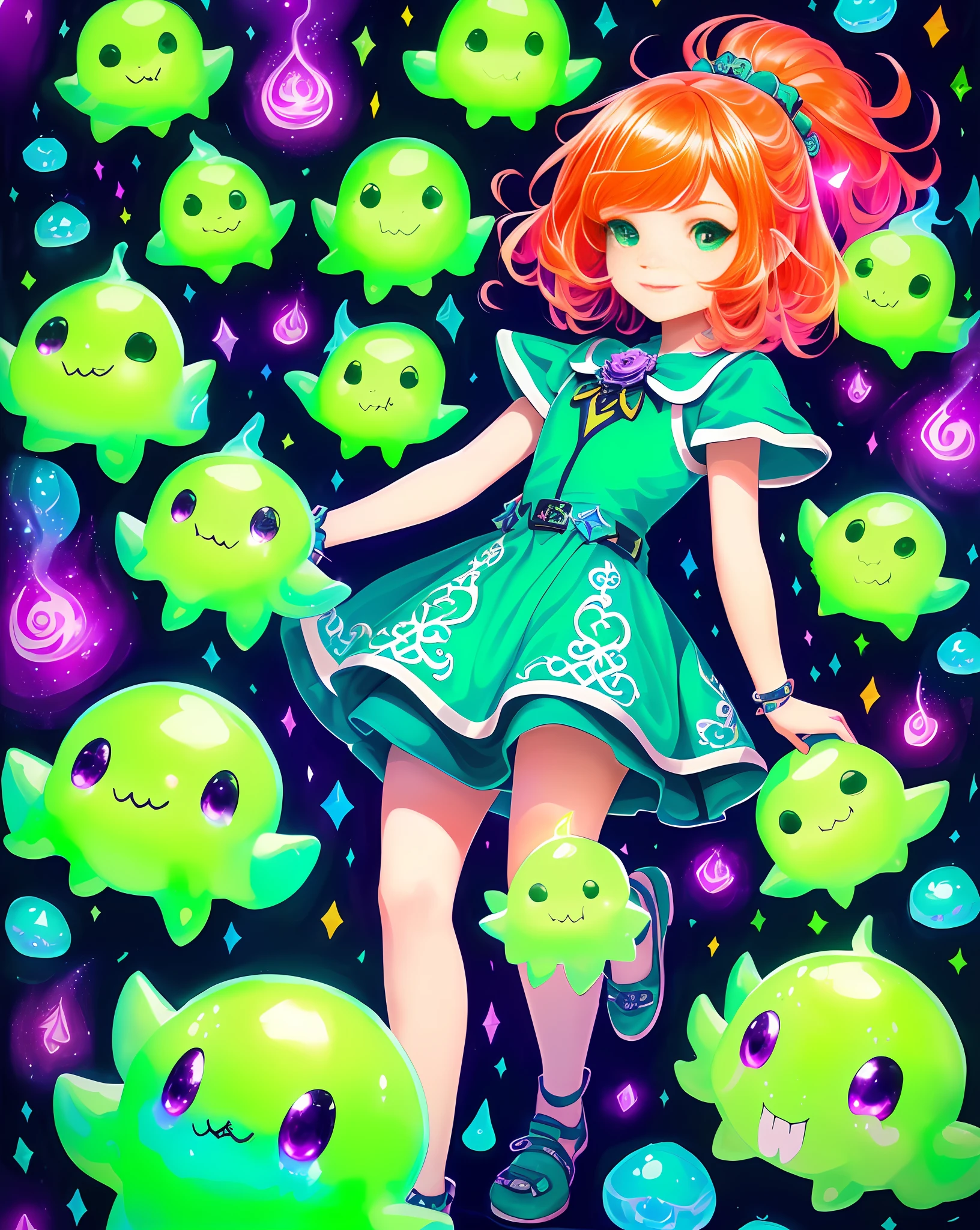 Full shot of hyperdetailed cute little necromancer girl surrounded by cute slimes, ginger-hair, greenish, glowy green smoke, extremely intricate background, deadly, colorful, 8k resolution, cartoon, vector, very intricate, painted with acrylics, mixmedia, volumetric lights, cinematic, low contrast, pastels, teal and magenta, extremely detailed, art inspired by Loish and Chris Sanders