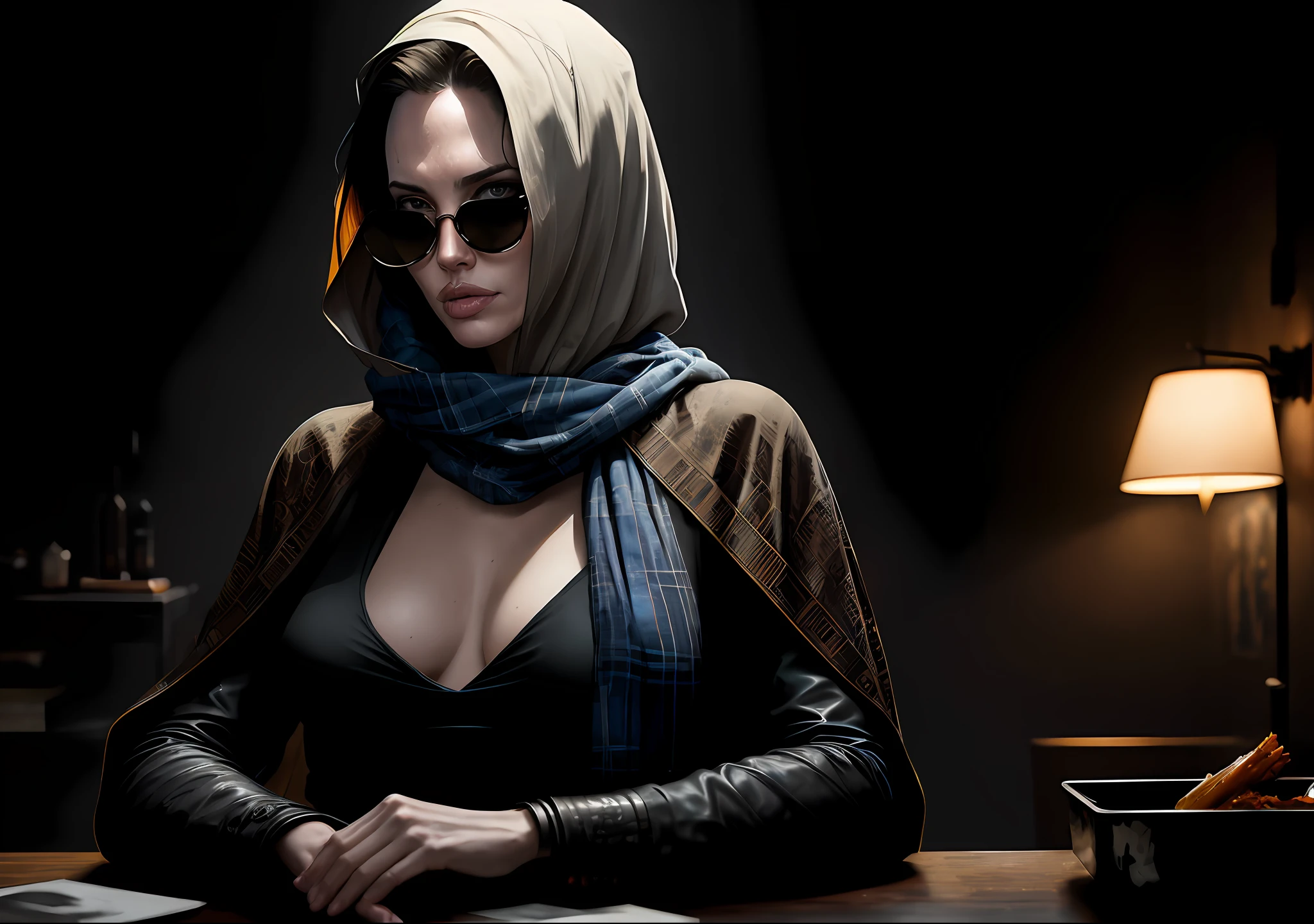 Angelina Jolie Dark photo: With her body covered, sitting at a table, realistic epic, halo portrait, sunglasses, blue eyes, plaid scarf, white hair by Atey Ghailan, by Greg Rutkowski, by Greg Tocchini, by James Gilleard, by Joe Fenton, by Kaethe Butcher, yellow gradient, black, brown and magenta color scheme, grunge aesthetic!!! Graffiti brand wall background, art by Greg Rutkowski and Artgerm, soft cinematic light, Adobe Lightroom, Photo Lab, HDR, intricate, highly detailed, (depth of field: 1.4), faded, (neutral colors: 1.2), (HDR: 1.4), (soft colors:1.2), hyperdetailed, (Artstation:1.4), cinematic, warm lights, dramatic light, (intricate details:1.1), complex background, (Rutkowski:0.66), (blue and orange:0.4)