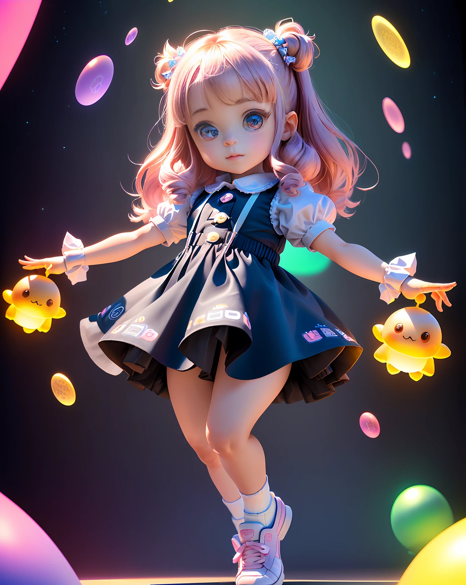 ((best quality)), ((ultradetailed)), ((masterpiece)), Super cute girl's full body 3D art, 1 girl, pretty eyes, big eyes, cute, happy, c4d, pop Matt Blind Box, glowing bubbles, toys, solid color background, chibi, fluorescent translucent, glowing body, kawaii, doll, T pose, reference sheet, pop mart blind box, Pixar, intricate detail, 3d rendering, blender, OC renderer, sheet reference foll body, dribble, high detail, 8k, studio lighting, , petite, child, chibi , character SD:1.1, resolution: 4K.