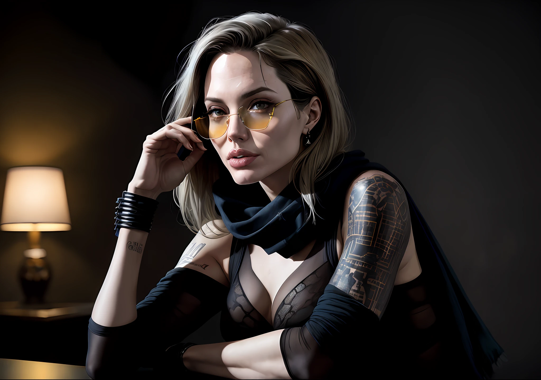 Angelina Jolie Dark photo: With her body covered, sitting at a table, realistic epic, halo portrait, sunglasses, blue eyes, plaid scarf, white hair by Atey Ghailan, by Greg Rutkowski, by Greg Tocchini, by James Gilleard, by Joe Fenton, by Kaethe Butcher, yellow gradient, black, brown and magenta color scheme, grunge aesthetic!!! Graffiti brand wall background, art by Greg Rutkowski and Artgerm, soft cinematic light, Adobe Lightroom, Photo Lab, HDR, intricate, highly detailed, (depth of field: 1.4), faded, (neutral colors: 1.2), (HDR: 1.4), (soft colors:1.2), hyperdetailed, (Artstation:1.4), cinematic, warm lights, dramatic light, (intricate details:1.1), complex background, (Rutkowski:0.66), (blue and orange:0.4)